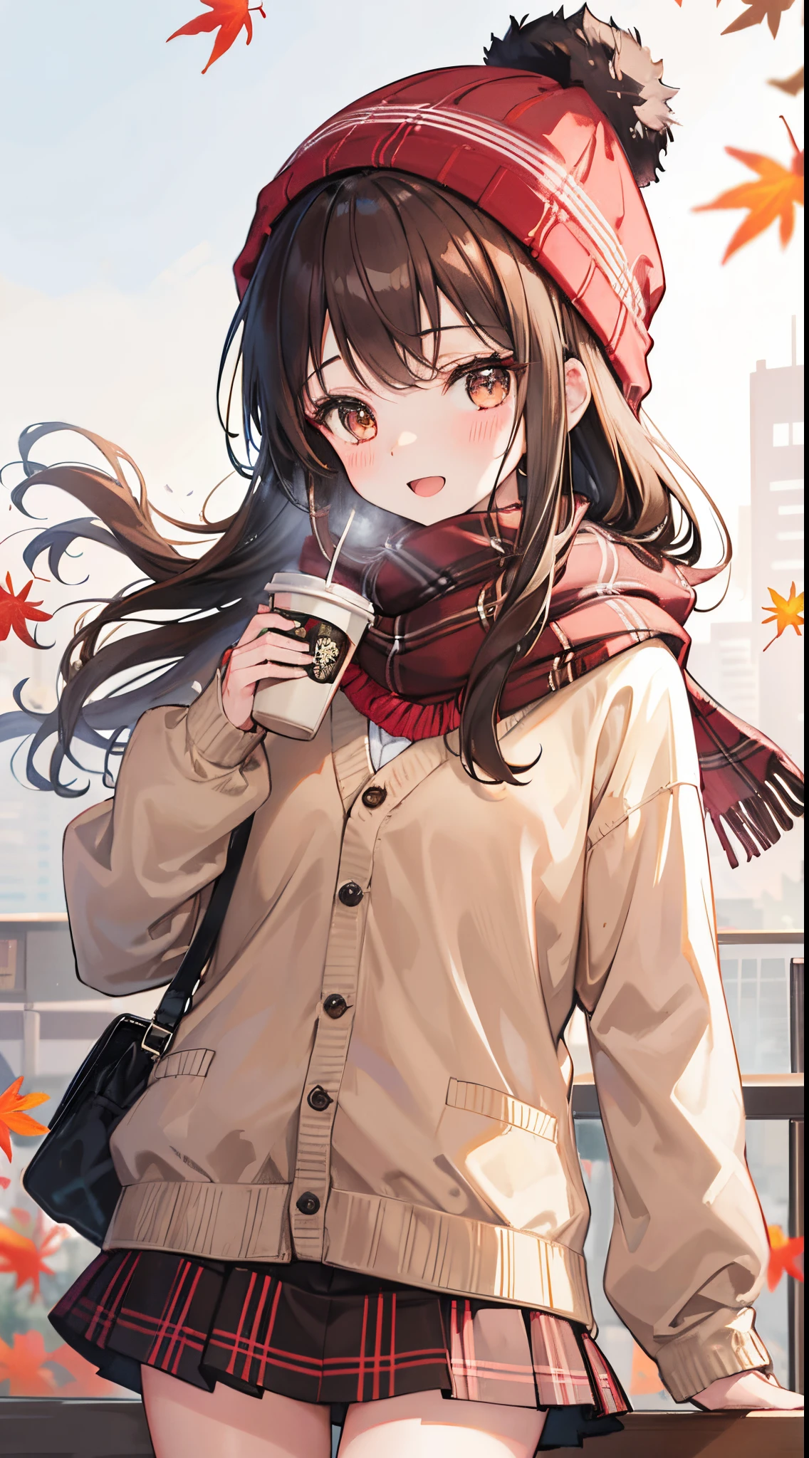 1girl in, Autumn leaves, Bangs, black headwear, Blurry background, blush, Brown eyes, Brown hair, brown scarf, Brown skirt, Cardigan, Coffee, Cowboy Shot, cup, Disposable cups, Drink, Falling leaves, Beanie, Holding, Hold drinks, fronds, Long hair, Long sleeves, Looking at Viewer, open cardigan, Open mouth, Plaid, plaid skirts, puffy long sleeves, Red Sweater, scarf, Shirt, shirt tucked in, side locks, Skirt, Smile, Solo, Sweaters, White shirt, Extremely detailed, Convoluted, masutepiece, absurderes,