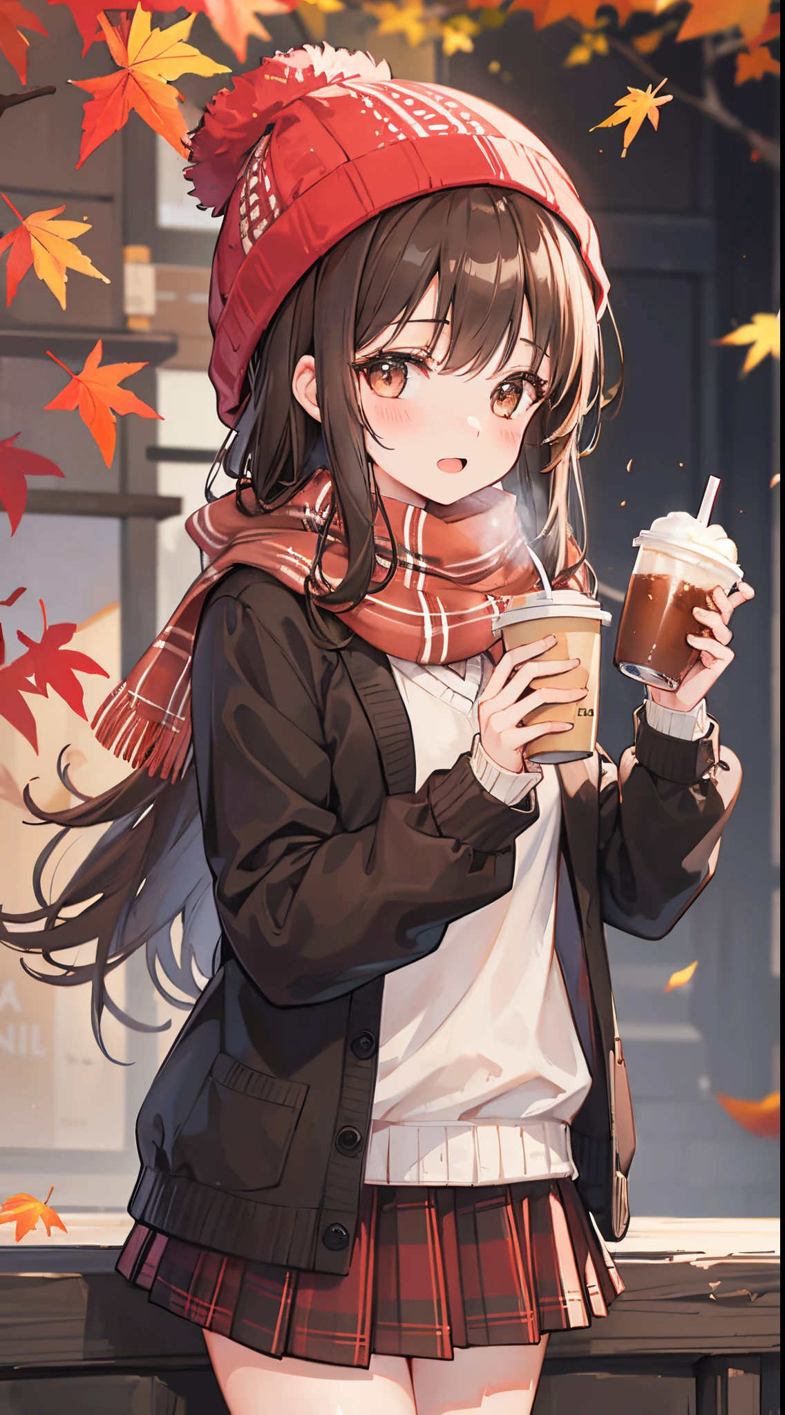 1girl in, Autumn leaves, Bangs, black headwear, Blurry background, blush, Brown eyes, Brown hair, brown scarf, Brown skirt, Cardigan, Coffee, Cowboy Shot, cup, Disposable cups, Drink, Falling leaves, Beanie, Holding, Hold drinks, fronds, Long hair, Long sleeves, Looking at Viewer, open cardigan, Open mouth, Plaid, plaid skirts, puffy long sleeves, Red Sweater, scarf, Shirt, shirt tucked in, side locks, Skirt, Smile, Solo, Sweaters, White shirt, Extremely detailed, Convoluted, masutepiece, absurderes,