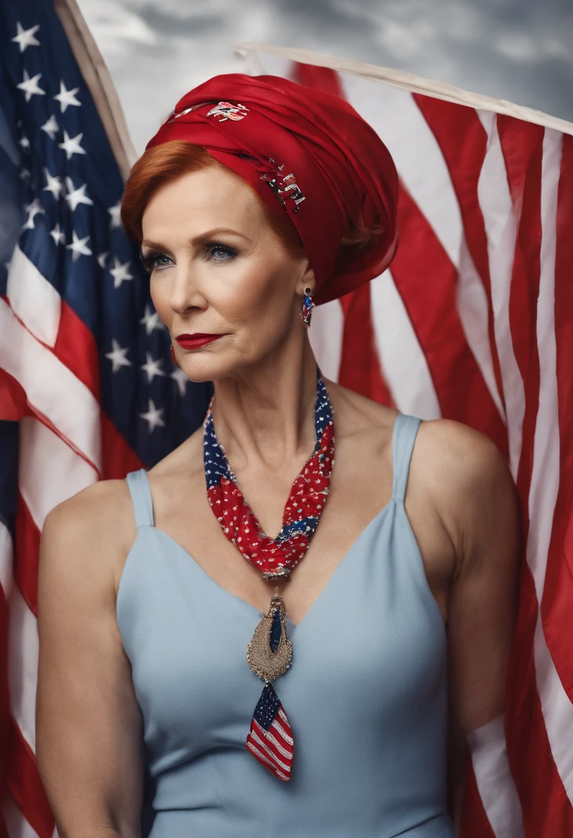 An image of the character attending a patriotic book club meeting, discussing a biography of Donald Trump.,original,Maggie, a staunch MAGA devotee, stands out with her fiery red hair often styled in a patriotic bandana, and her wardrobe is a bold display of pro-Trump slogans and American flags. Her appearance is further marked by a determined, almost fierce expression, embodying her unshakable conviction in her political stance.