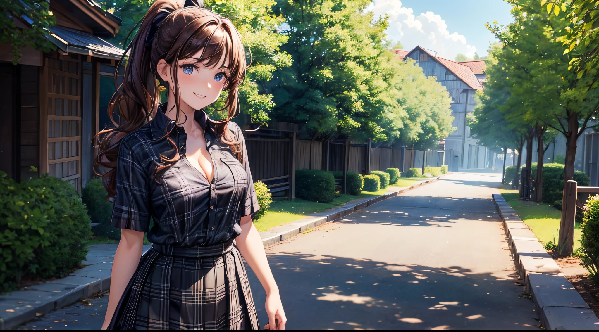 1girl, solo, summer, village, trees, sun, clouds, chestnut hair, side ponytail, large breasts, ((popping shirt buttons)), button down, unbuttoning buttons, dark blue eyes, ((dark blue shirt)), ((unbuttoned shirt)), ((short sleeved shirt)), cleavage 1:3, black skirt, brown shoes, grin, looking at the viewer, standing, hair ribbon, golden necklate