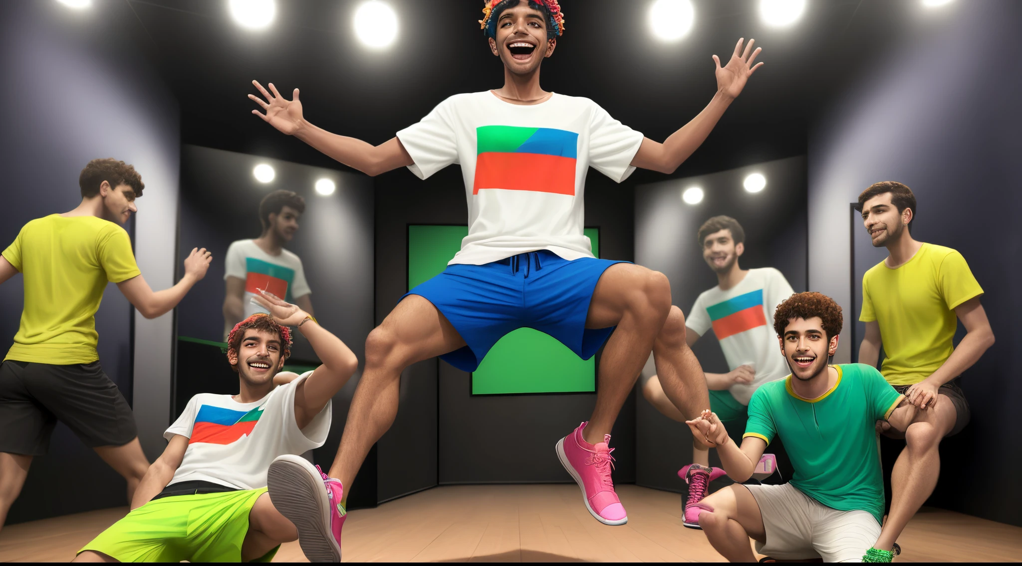 um homen sentado no banco, no centro do teatro, usando camisa florida, short e tenis, estilo rabisco, cores vibrantes, alegre e sorridente, 16k