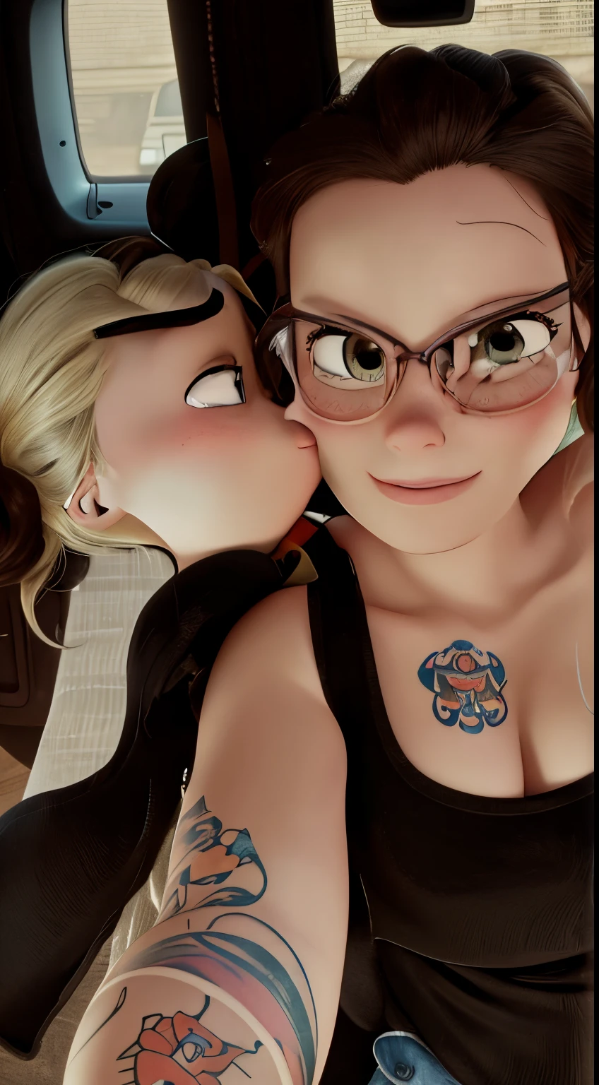 Disney pixar cartoon, two women, tattoos, cheek kissing