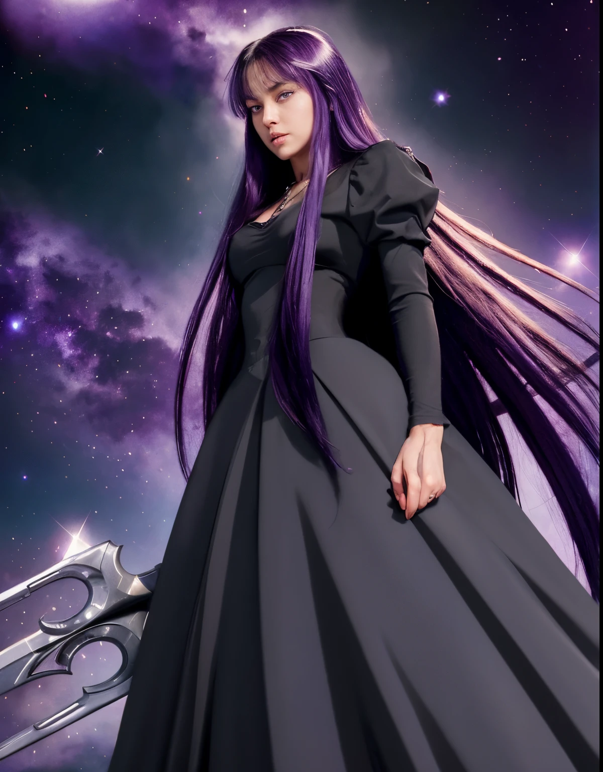 Masterpiece, watercolor: High resolution. Very detailed. realistic. ultra-realistic. Half-body of female. Young woman. 1girl. Slightly side view. Slightly low view of head. Looking at the viewer. About 20 years old. German. Delicate facial features. detailed face. Defiance face. Pretty Big purple eyes. Big eyes. (symmetric eyes`s iris). Very light skin.. Pretty long k=dark purple hair. Straight hair. Bangs. Long black dress. Two neckless. Holding a trident. Space and galaxy background. Cinematic light.