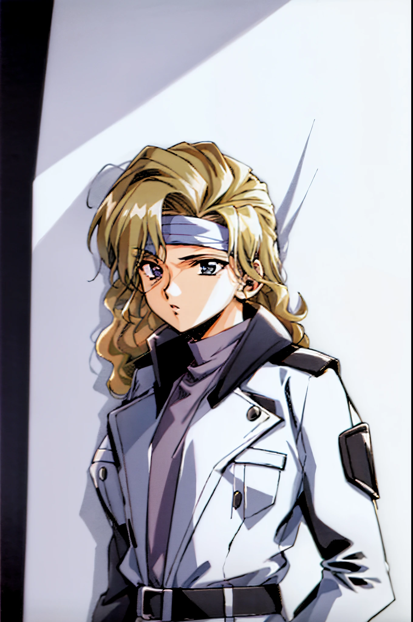 ,urushihara satoshi, 1980's anime style, character designs,highly detailed,flat color,best quality,masterpiece,dept of field,urushihara satoshi,1girl,full body,1980s \(style\),80s anime, ,((masterpiece)),(((best quality))),(character design sheet,same character,front,side,back), 1girl, solo,ear gear,blonde curly long hair,long coat jacket,,strong leadership character,she is commander,black military jacket,retro artstyle,masterpiece,bestquality,top quality,ultra highly , concept art, character sheet, (simple background, white background: 1.3),(black outfit:1.4),head band,asian eyes,beautiful eyes,best shadow,(((sharp eyes))),upper body,(girl:1.3),