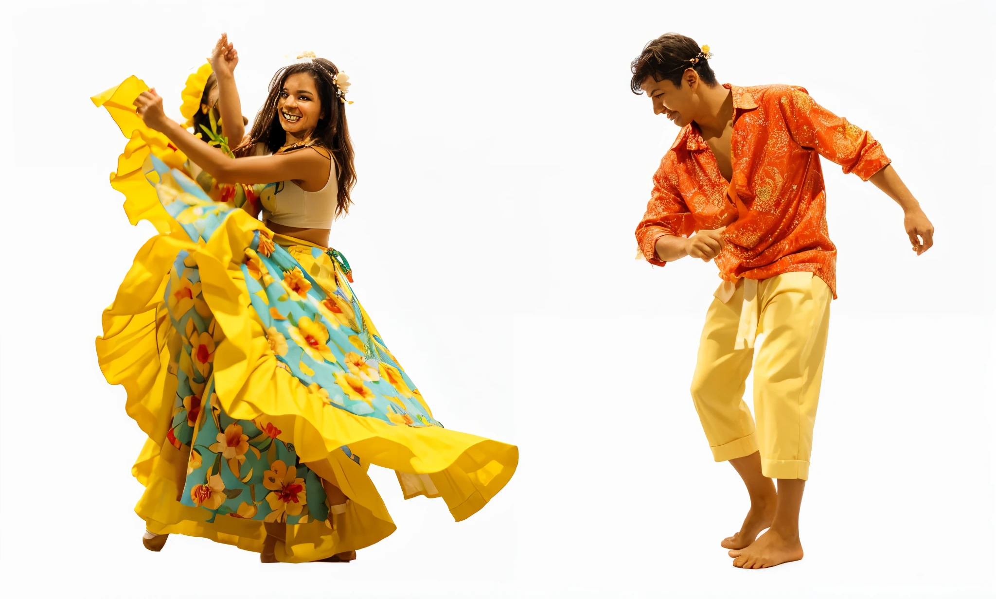Recreate the image of a couple dancing Carimbó, which is a typical dance from the Amazon, he with a small straw hat on his head, they with a small flower ornament on their head, Feliz, deixe os rostos perfeitos, como de pessoas humanas, give human shape to faces, uma imagem realista, estilo filme, em um fundo branco