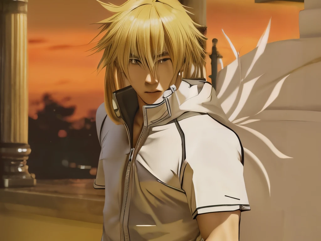asian teenage man with a long blond ponytail and white clothes