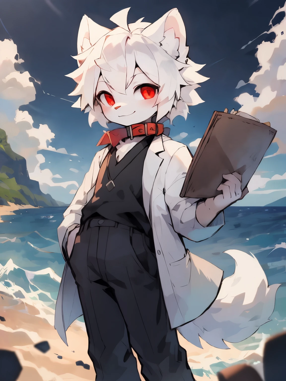 （ boy）Beautiful and detailed portrait，white color hair, 16k，are standing，sideways standing，Turn your head slightly towards the audience，Holding noteboard in hand，Red pupils，white wolf big ears，White Wolf Tail（White color blouse，black long pants，White long sleeve lab coat），（There is a red collar），beach seaside background，ssmile