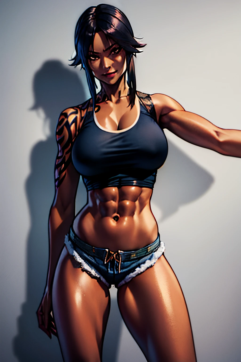 Lara Croft, Revy, Yoruichi Shihoin, cleavage, 25yo woman, hazel eyes, very tan skin, tight booty shorts, black tank top, short hair, black hair, determined smile, Filipino, beautiful woman, hourglass figure, solo mature woman, strong muscular woman, masterpiece, intricate detail, perfect anatomy, beautiful and aesthetic, beautiful, best quality, muscular thighs, anatomically correct, small breasts, ultra detailed, realistic