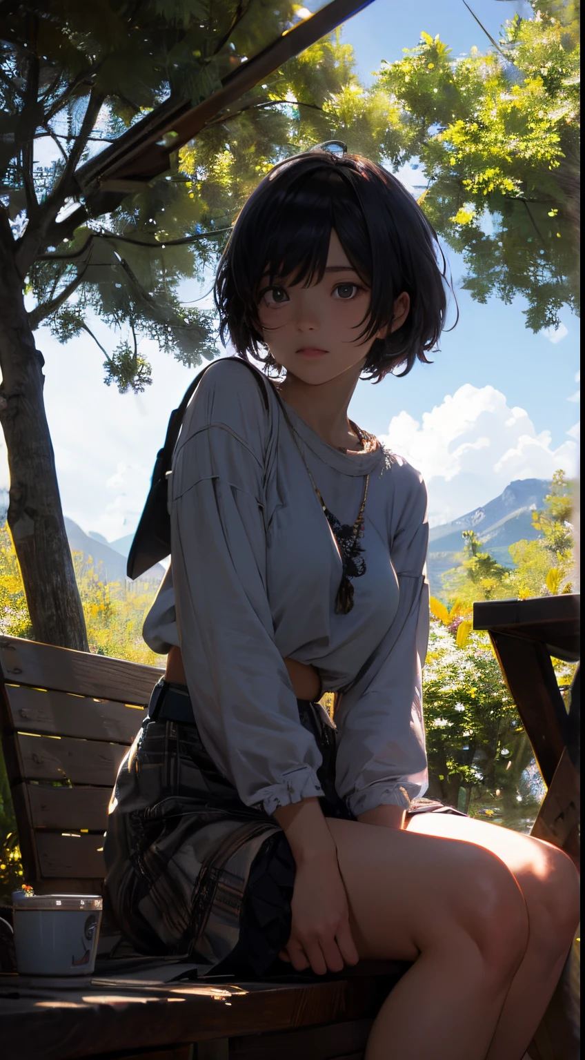girl, sitting, side shot, (sky:1.3), (masterpiece, best quality, perspective, depth of field:1.5), flowers, rocky mountain, woods, beautiful face, thighs, from below, 8k, raw photo, absurdres, impressionism, (Tom Thomson, Claude Monet, Joaquín Sorolla, James Wilson Morrice, John Fabian Carlson, Hugh Henry Breckenridge:0.8), HDR, photorealistic, film grain, chromatic aberration, highres, ultra detailed, finely detail, dynamic lighting, dramatic lighting, shadow, sharp focus, extremely detailed eyes and face, sharp pupils, realistic pupils