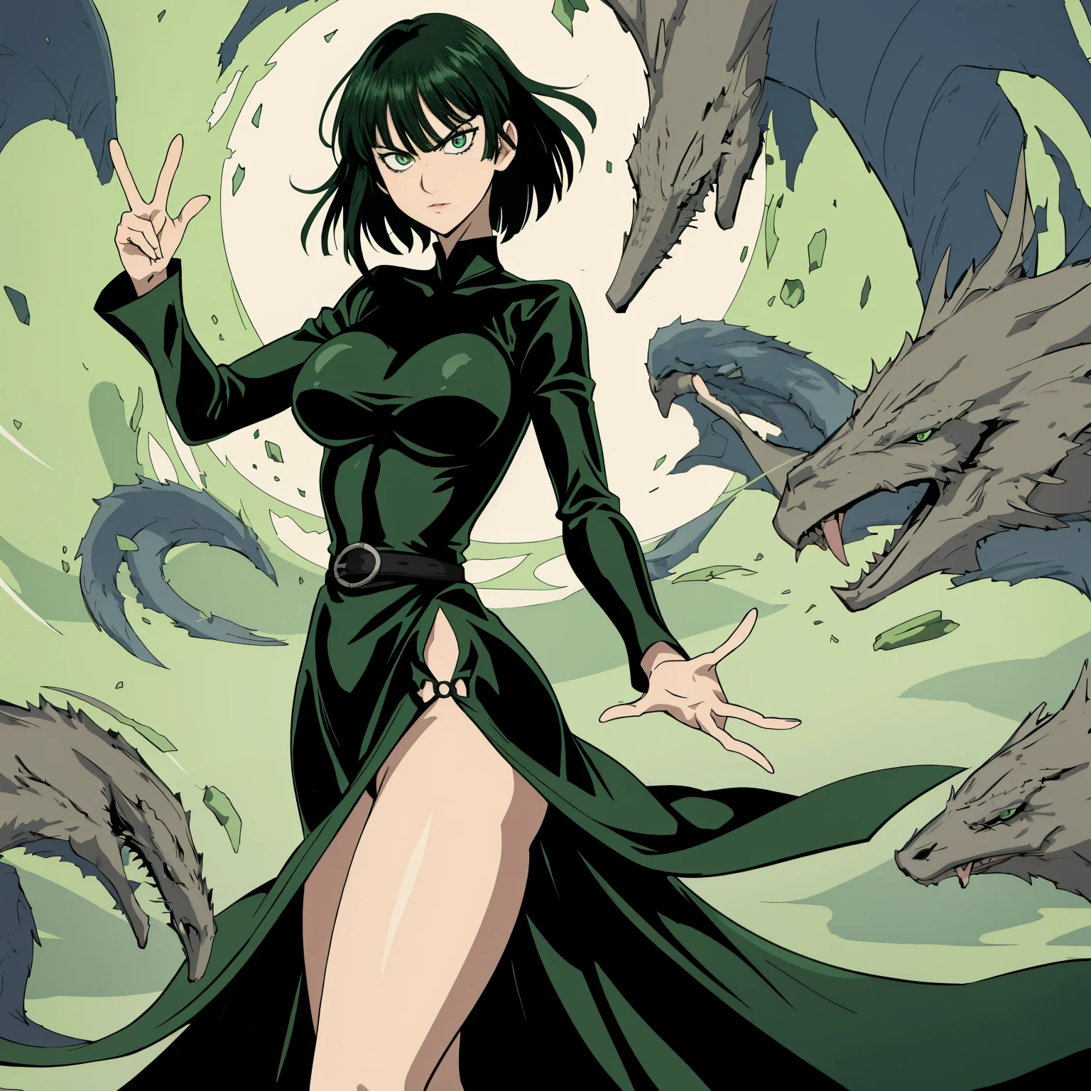 (masterpiece,vibrant,detailed,highres), fubuki\(one punch man\)
 green eyes, green-black hair, (long sleeved black latex longest dress), large breasts, short hair, long skirt, solo, thighs, very long hair, one punch man, annoyed, accurate fingers, loish hands, extreme hand detail, normal hands, with fingers, accurate hands,