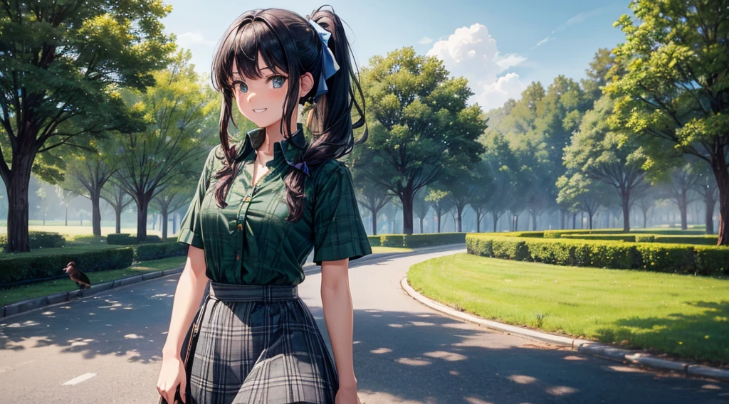 1girl, solo, full body, summer, village, trees, birds, long hair, black hair, curly hair, ponytail, large breasts, button down, dark blue eyes, ((green shirt)), ((checked shirt)), ((unbuttoned shirt)), ((short sleeved shirt)), ((grey skirt)), grin, looking at the viewer, standing, hair ribbon