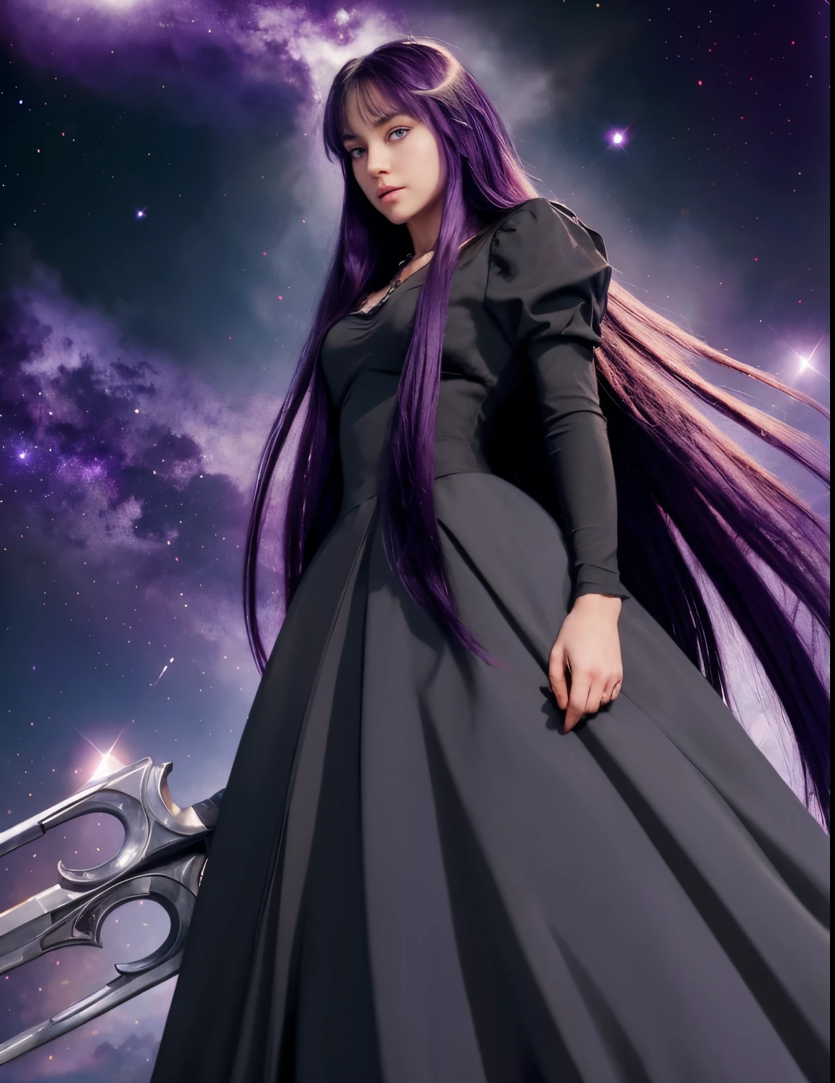 Masterpiece, watercolor: High resolution. Very detailed. realistic. ultra-realistic. Half-body of female. Young woman. 1girl. Slightly side view. Slightly low view of head. Looking at the viewer. About 20 years old. German. Delicate facial features. detailed face. Defiance face. Pretty Big purple eyes. Big eyes. (symmetric eyes`s iris). Very light skin.. Pretty long k=dark purple hair. Straight hair. Bangs. Long black dress. Two neckless. Holding a trident. Space and galaxy background. Cinematic light.