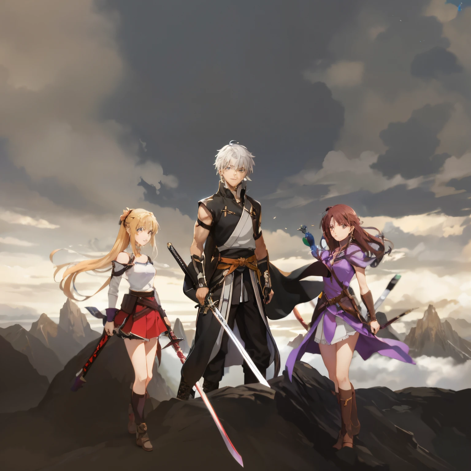 anime characters standing on a mountain with swords in their hands, key art, anime in fantasy style, anime style like fate/stay night, visual novel key visual, badass anime 8 k, visual novel cg, 2. 5 d cgi anime fantasy artwork, jrpg character art, anime key art, popular isekai anime, epic light novel art cover, anime epic artwork amazing sky and add more details