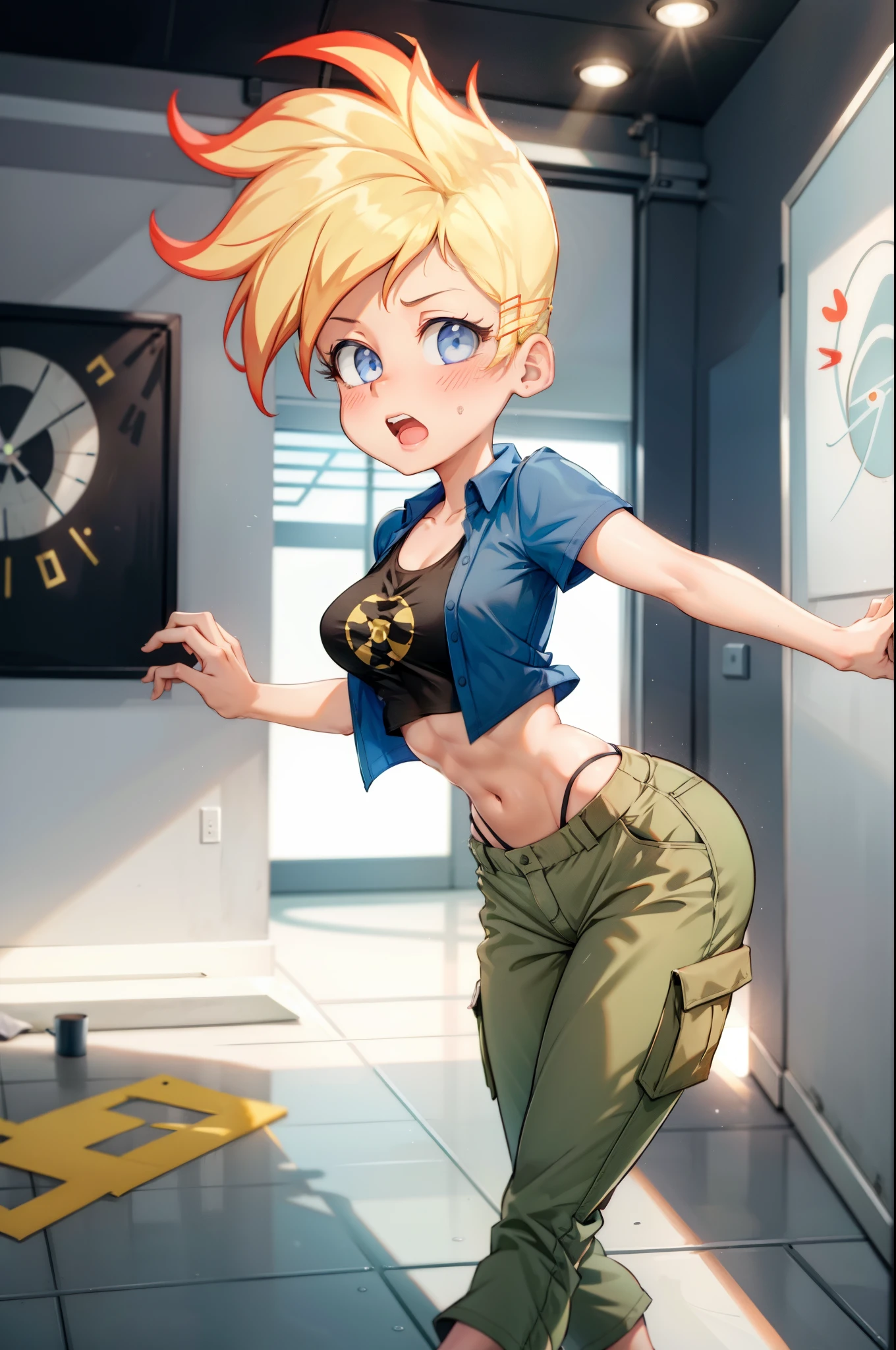 ((masterpiece, best quality)),(complex light),1girl, solo, portrait, jenny test,  blonde hair,blue eyes, pants, running, midriff, open shirt, tank top, short sleeves shirt, long hair, looking at the viewer, Surprised face, blushing, shouting, open mouth