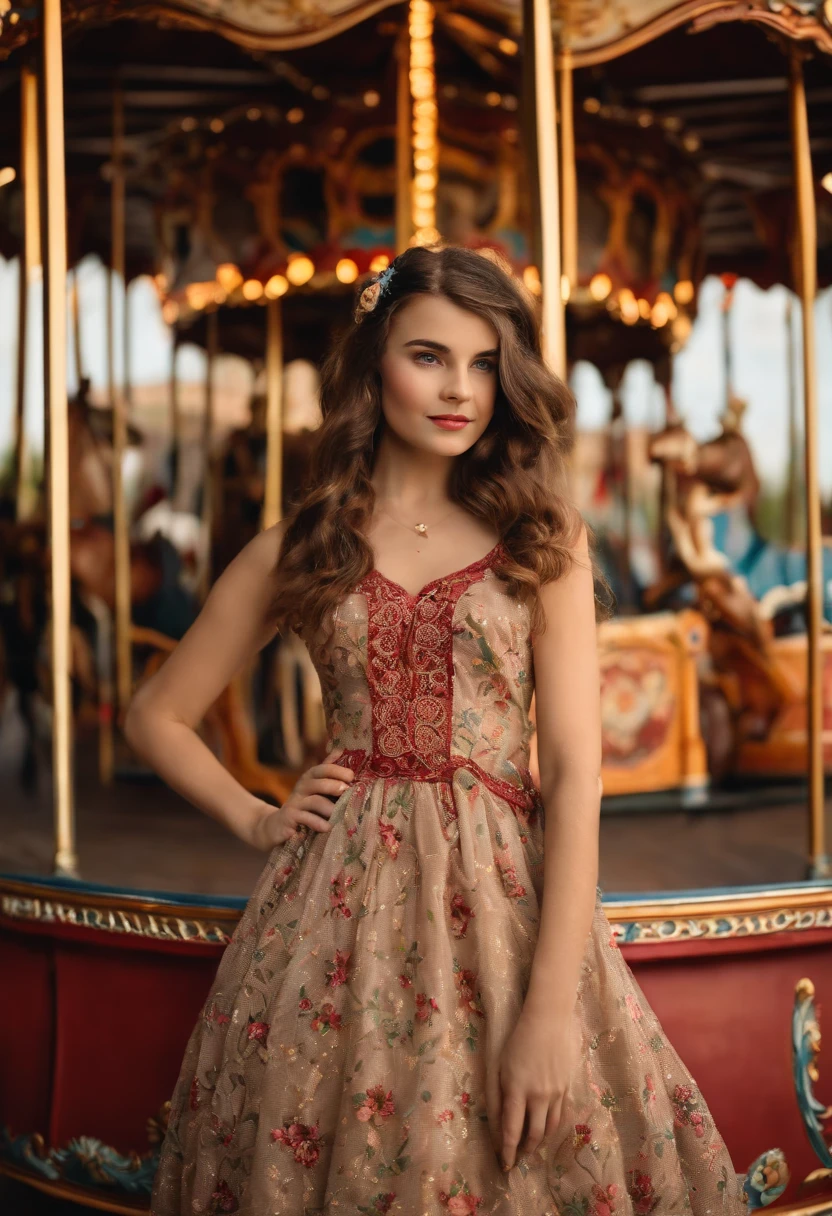 Amelie poses in front of a beautiful and ornate vintage carousel, she's wearing a vintage-inspired dress,original,Amelie is a beautiful fashion model. She has long brown hair and is 5’9 inches tall.