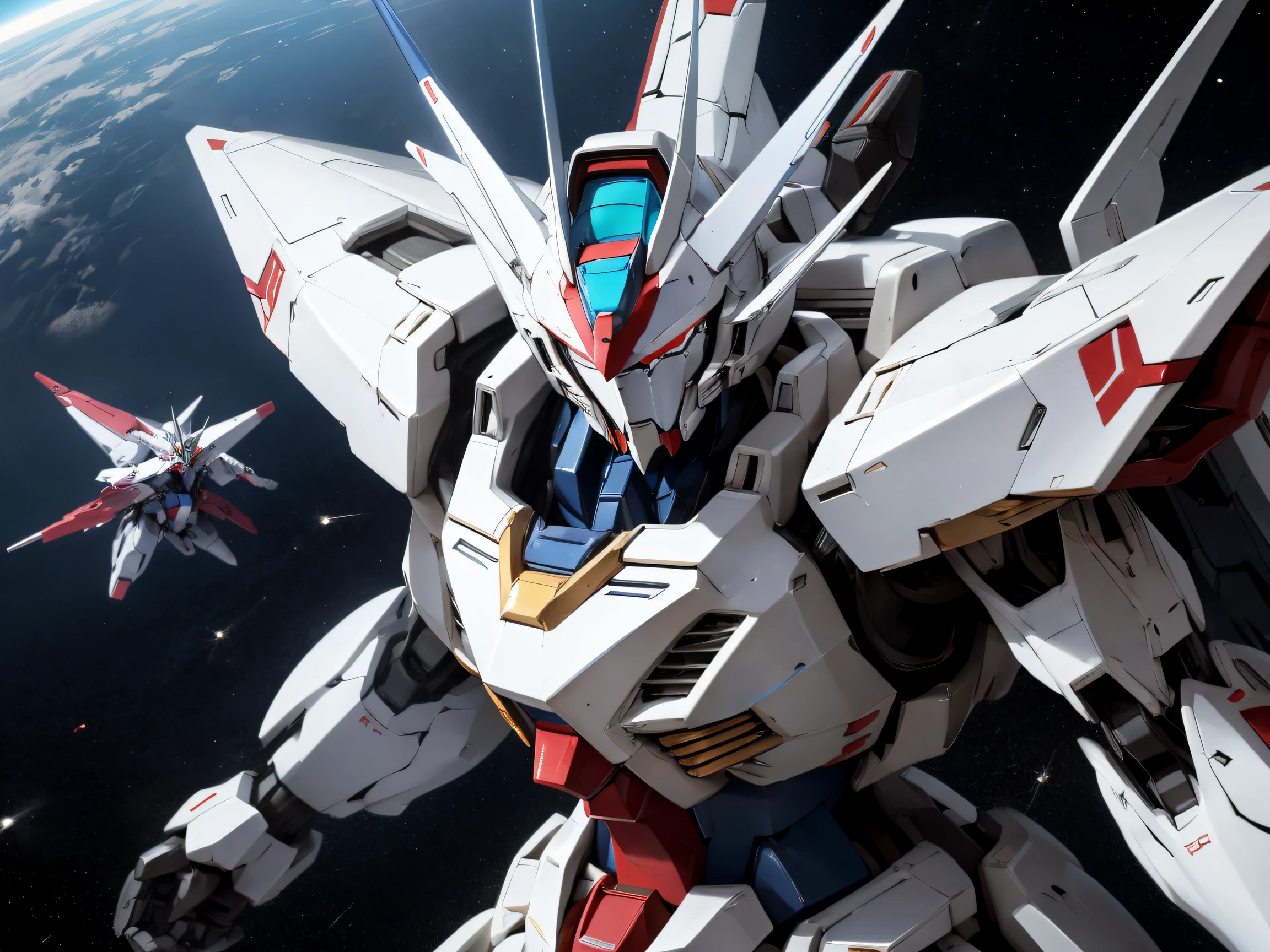 BlueZGundam、Mobile Suit Robot、Fly through space in a white enemy mobile armored robot、