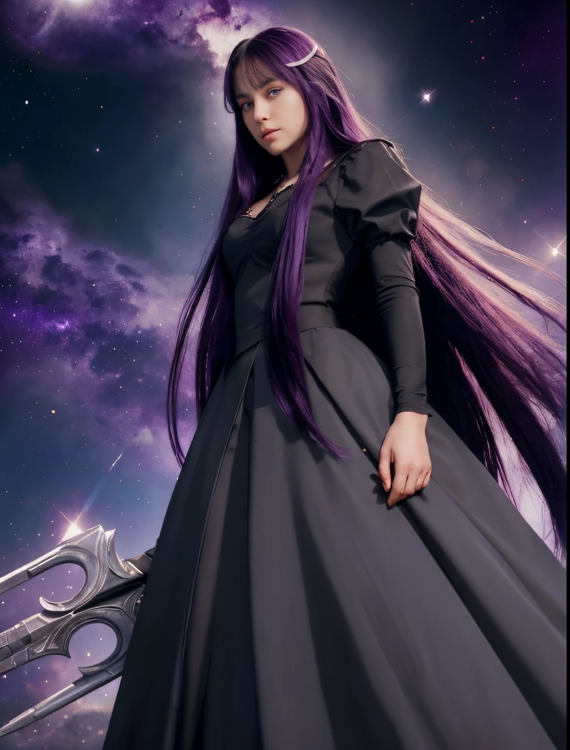 Masterpiece, watercolor: High resolution. Very detailed. realistic. ultra-realistic. Half-body of female. Young woman. 1girl. Slightly side view. Slightly low view of head. Looking at the viewer. About 20 years old. German. Delicate facial features. detailed face. Defiance face. Pretty Big purple eyes. Big eyes. (symmetric eyes`s iris). Very light skin.. Pretty long k=dark purple hair. Straight hair. Bangs. Long black dress. Two neckless. Holding a trident. Space and galaxy background. Cinematic light.