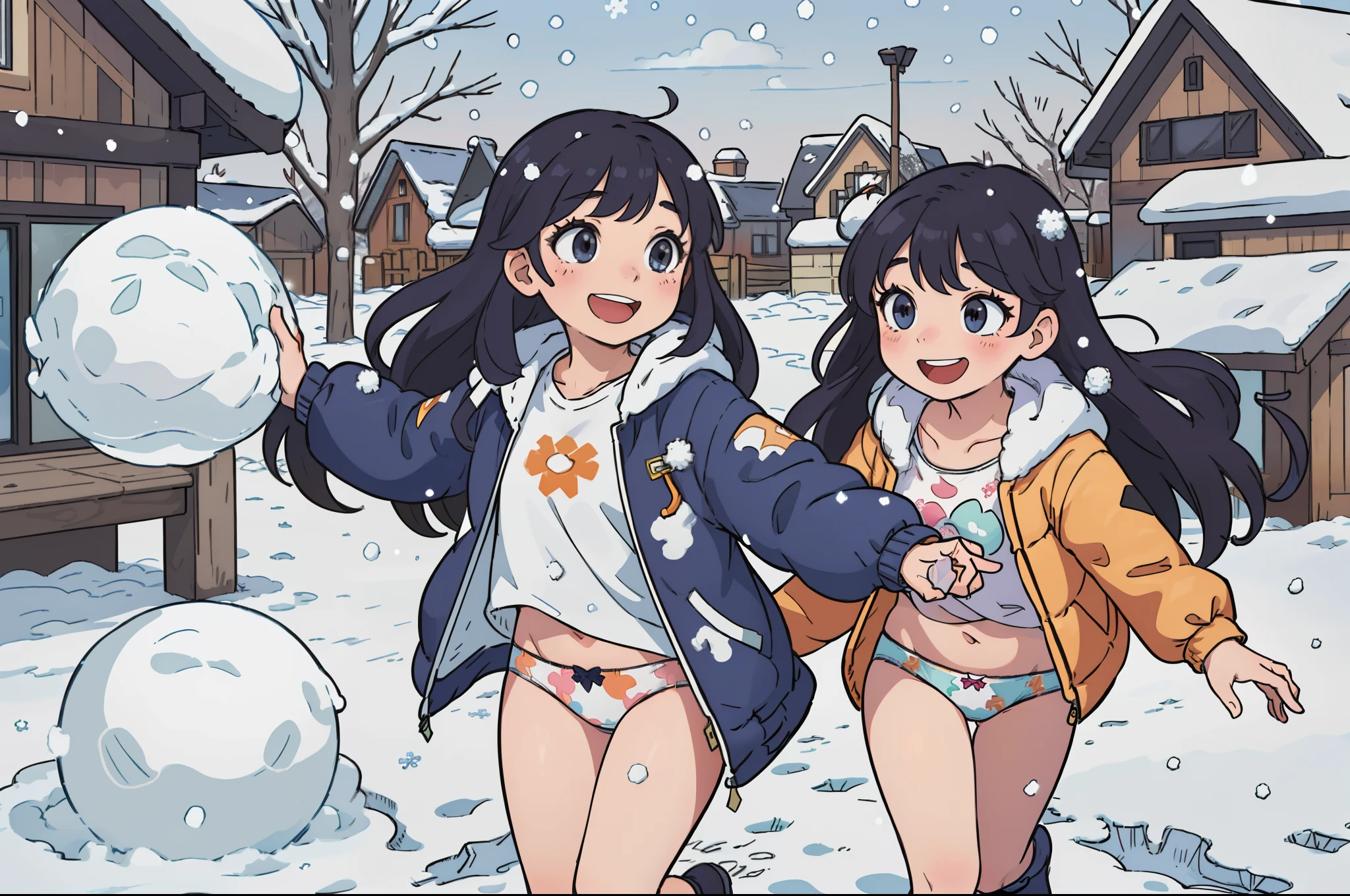 (masterpiece:1.2, best quality), 2girls, petite, young 10yoim, colorful down jacket, (children's print panties), long hair, throw snowballs, smile, laugh, fun, play, winter, snow, bright,