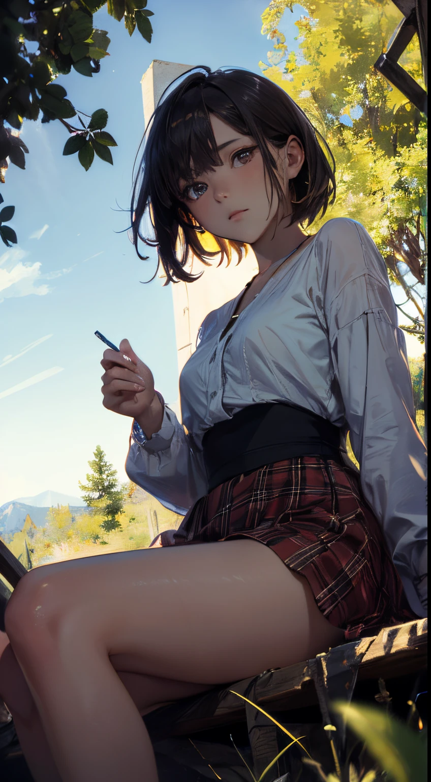 girl, sitting, side shot, (sky:1.3), (masterpiece, best quality, perspective, depth of field:1.5), flowers, rocky mountain, woods, beautiful face, thighs, from below, 8k, raw photo, absurdres, impressionism, (Tom Thomson, Claude Monet, Joaquín Sorolla, James Wilson Morrice, John Fabian Carlson, Hugh Henry Breckenridge:0.8), HDR, photorealistic, film grain, chromatic aberration, highres, ultra detailed, finely detail, dynamic lighting, dramatic lighting, shadow, sharp focus, extremely detailed eyes and face, sharp pupils, realistic pupils