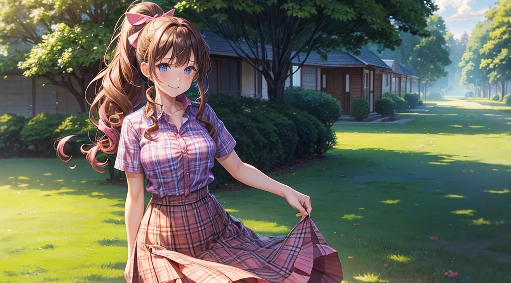 1girl, solo, full body, summer, village, trees, long hair, brown hair, curly hair, ponytail, large breasts, button down, dark blue eyes, ((pink shirt)), ((checked shirt)), ((unbuttoned shirt)), ((short sleeved shirt)), ((long skirt)), grin, looking at the viewer, standing, hair ribbon