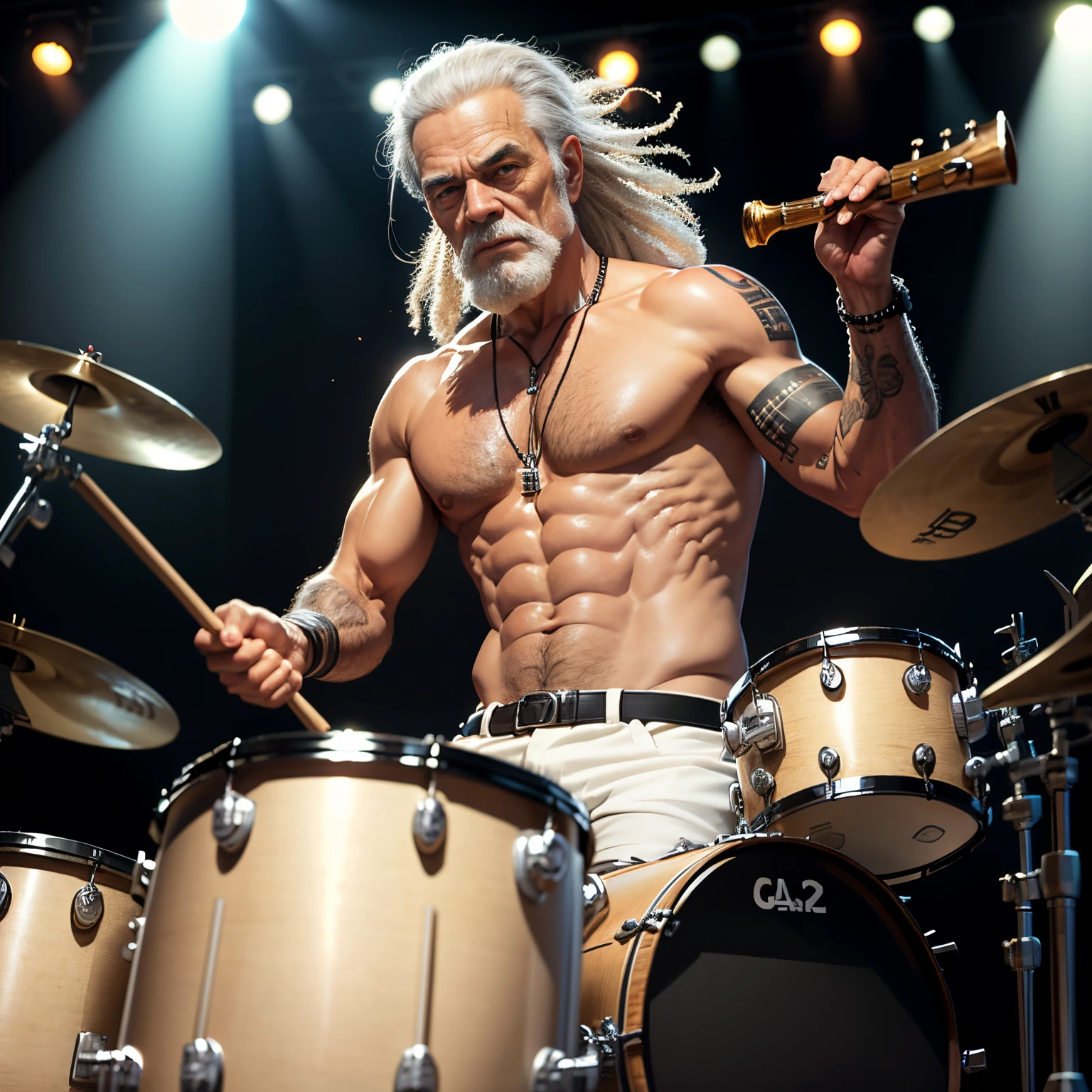 homem velho, calvo, behind drum instrument, drumstick in hand
