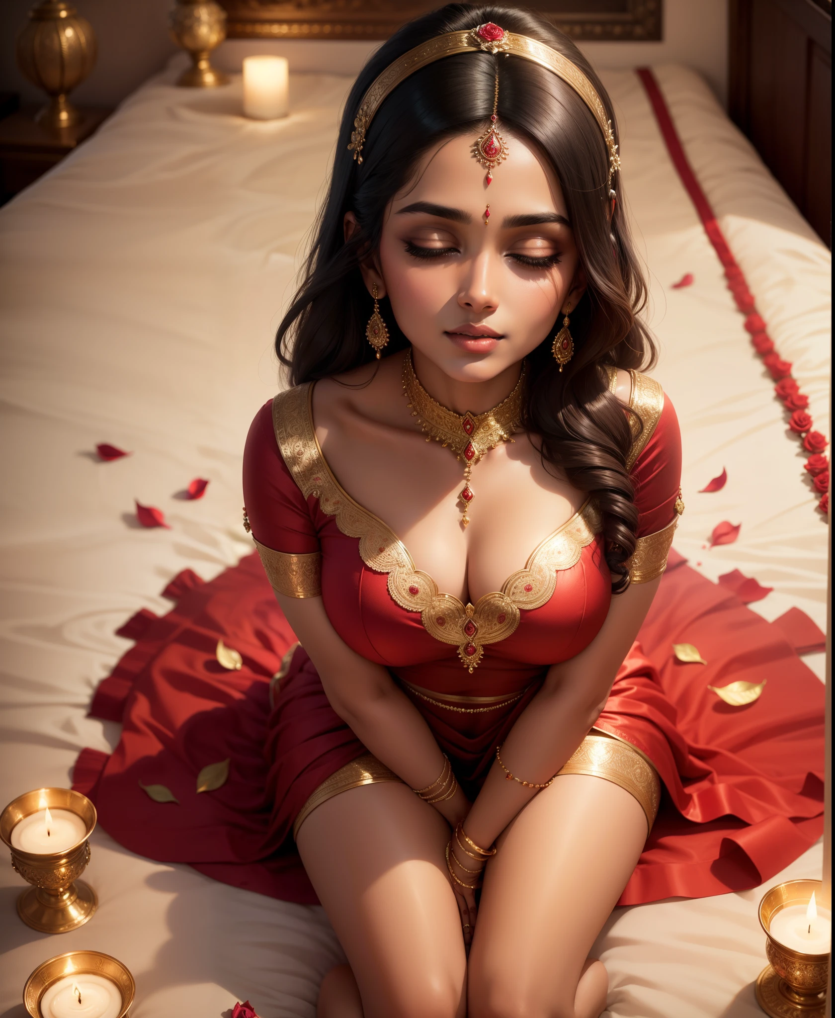 A beautiful Indian woman sits on a beautifully decorated bed, hands on her knees, looking seductively at you. She is wearing a stunning bridal outfit and the room is filled with warm lighting and rose petals, creating a romantic and intimate atmosphere, perfect for the night time.