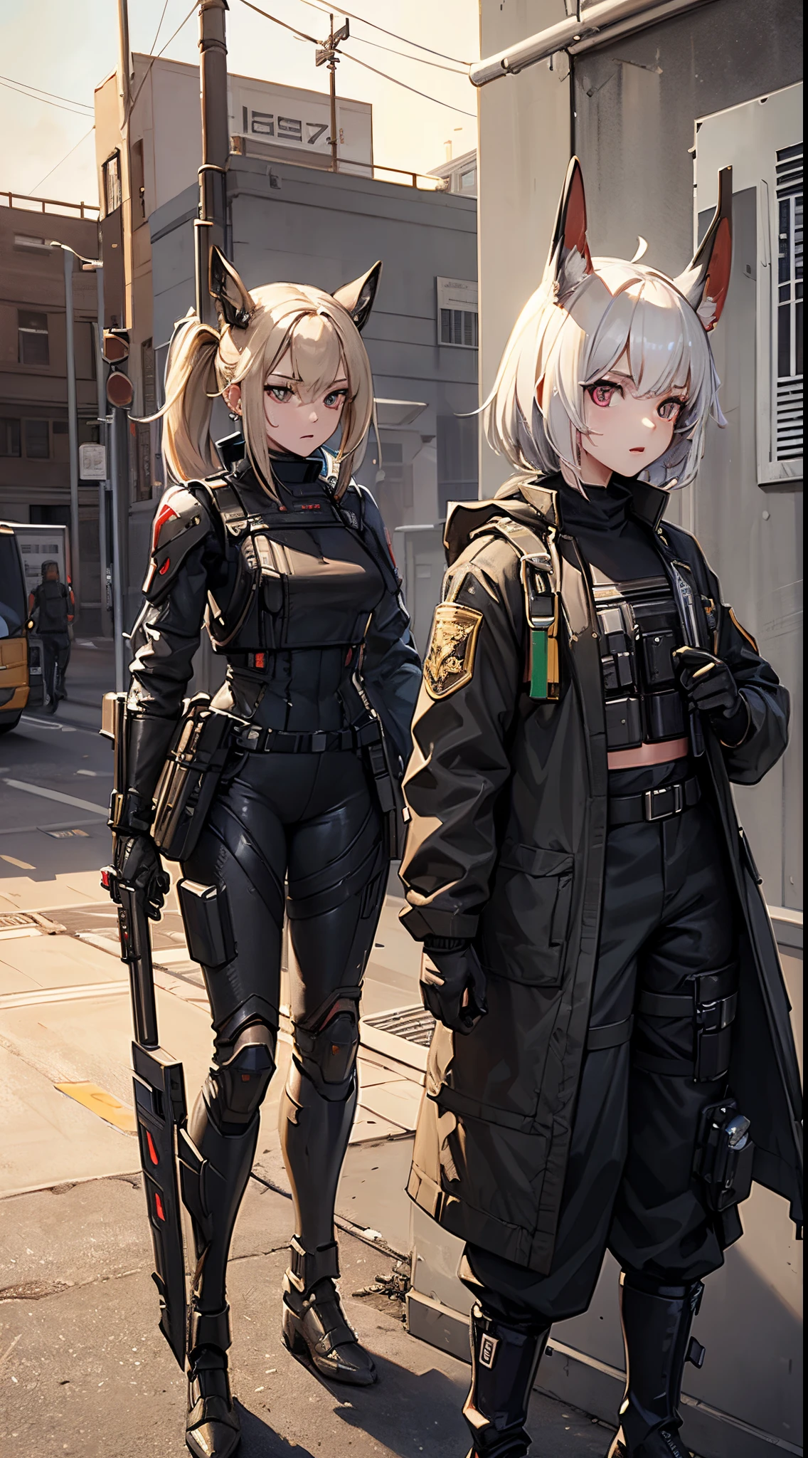 masterpiece, high quality, detailed art, concept art, character concept, ARKNIGHTS, sci-fi knights, anthro animals battle androids, (battle android model), female character android, (wearing [military|sexy|elegant:0.25] future outfit uniform with straps and accessories, cargo pants, military vest), (holding [weapon|shield:0.5]), action pose, battle damage, (visible (damaged parts:1.35) of (characters android body:1.3):1.15)
