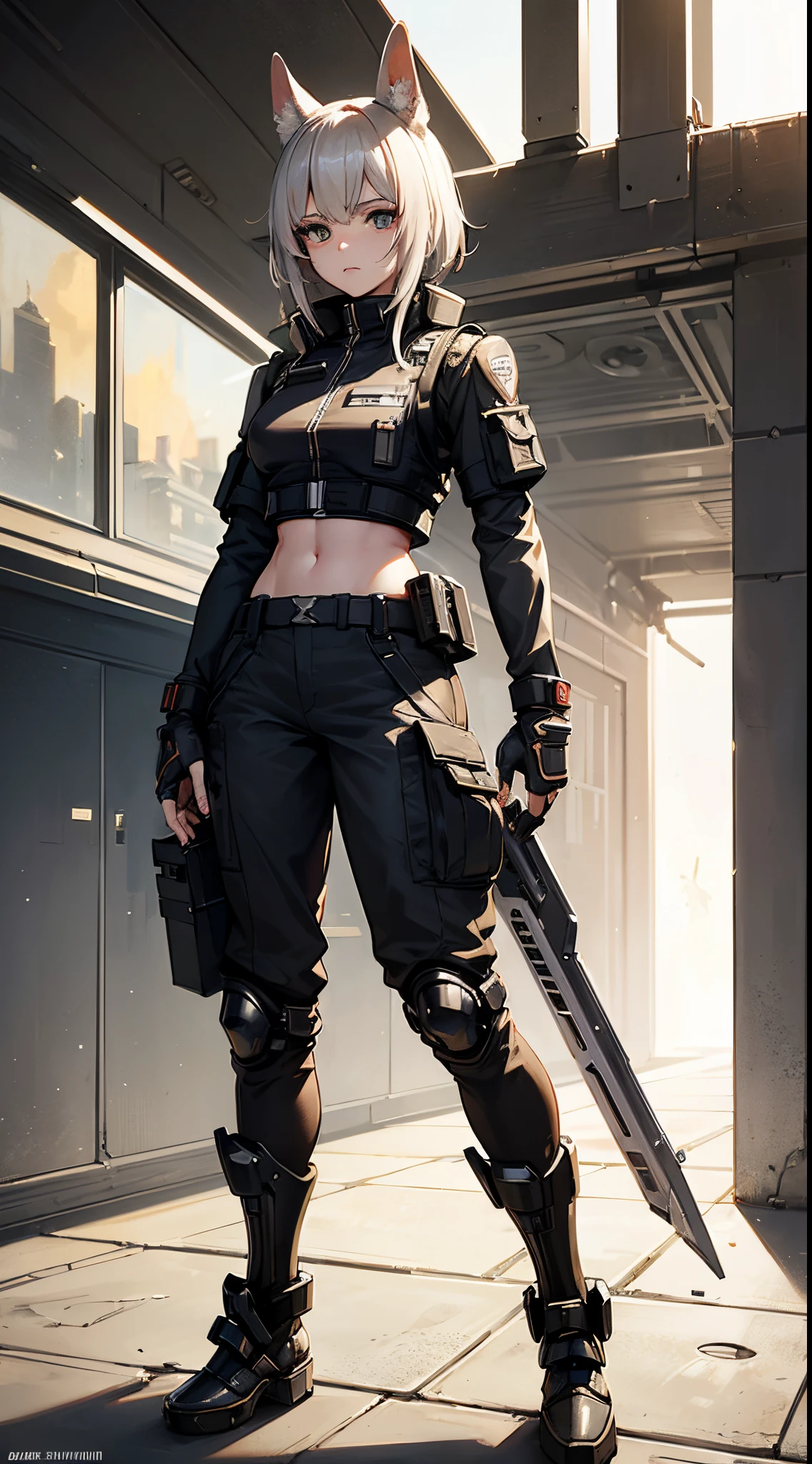 masterpiece, high quality, detailed art, concept art, character concept, ARKNIGHTS, sci-fi knights, anthro animals battle androids, (battle android model), female character android, (wearing [military|sexy|elegant:0.25] future outfit uniform with straps and accessories, cargo pants, military vest), (holding [weapon|shield:0.5]), action pose, battle damage, (visible (damaged parts:1.35) of (characters android body:1.3):1.15)