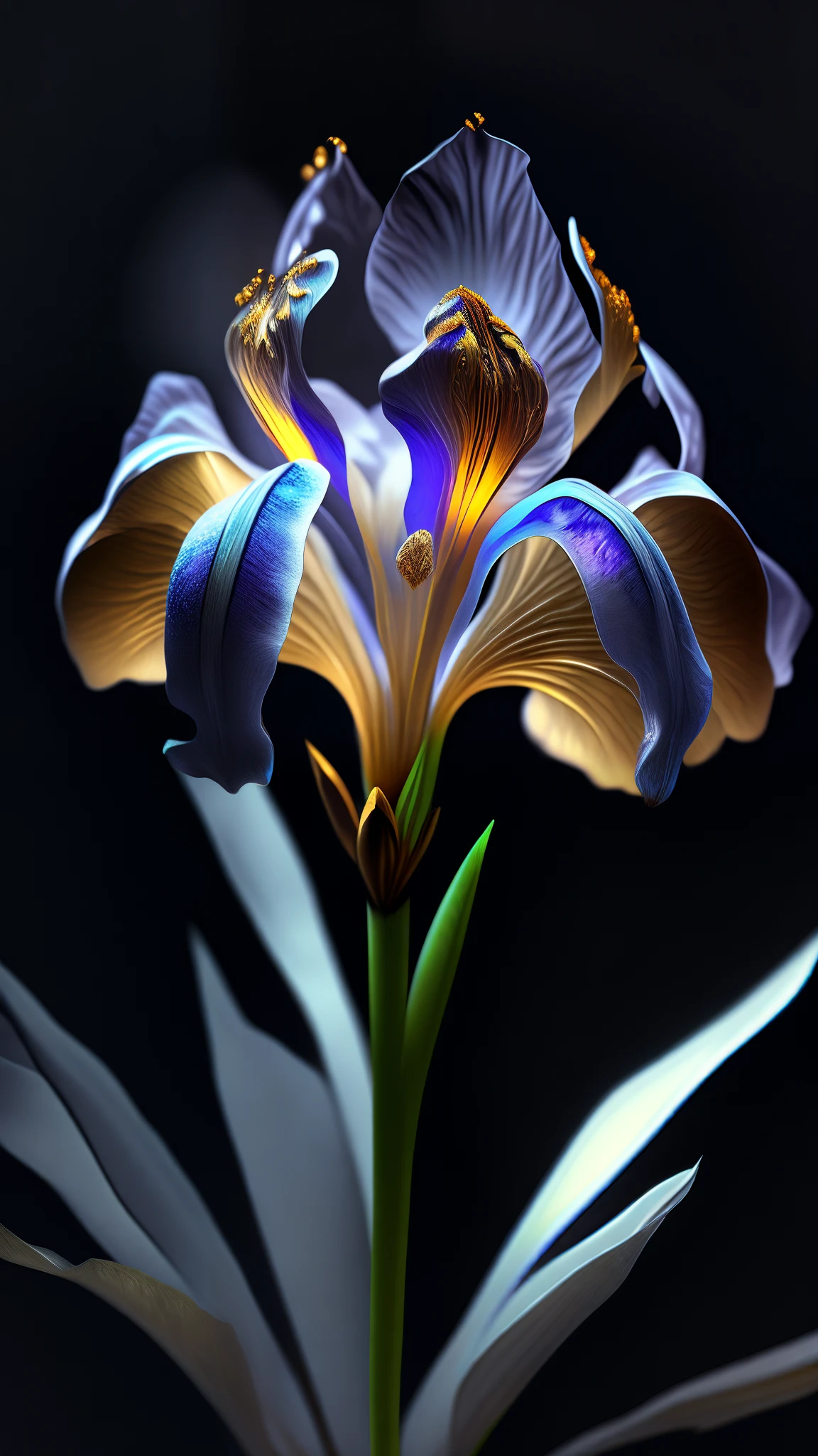 Iris flower, super transparent, holy light, beautiful spectrum light, petals glowing, shimmering, dark background, transparent light drops, reflected light, bright, light streaming in, optical, portrait silhouette, sharp focus, magical, intricate, hyper-realistic, fantasy, composition, light, artstation trend, pearl, patron saint cloud of silver steam, corroded surround ray family, 8k, real ar 23v4 uplight