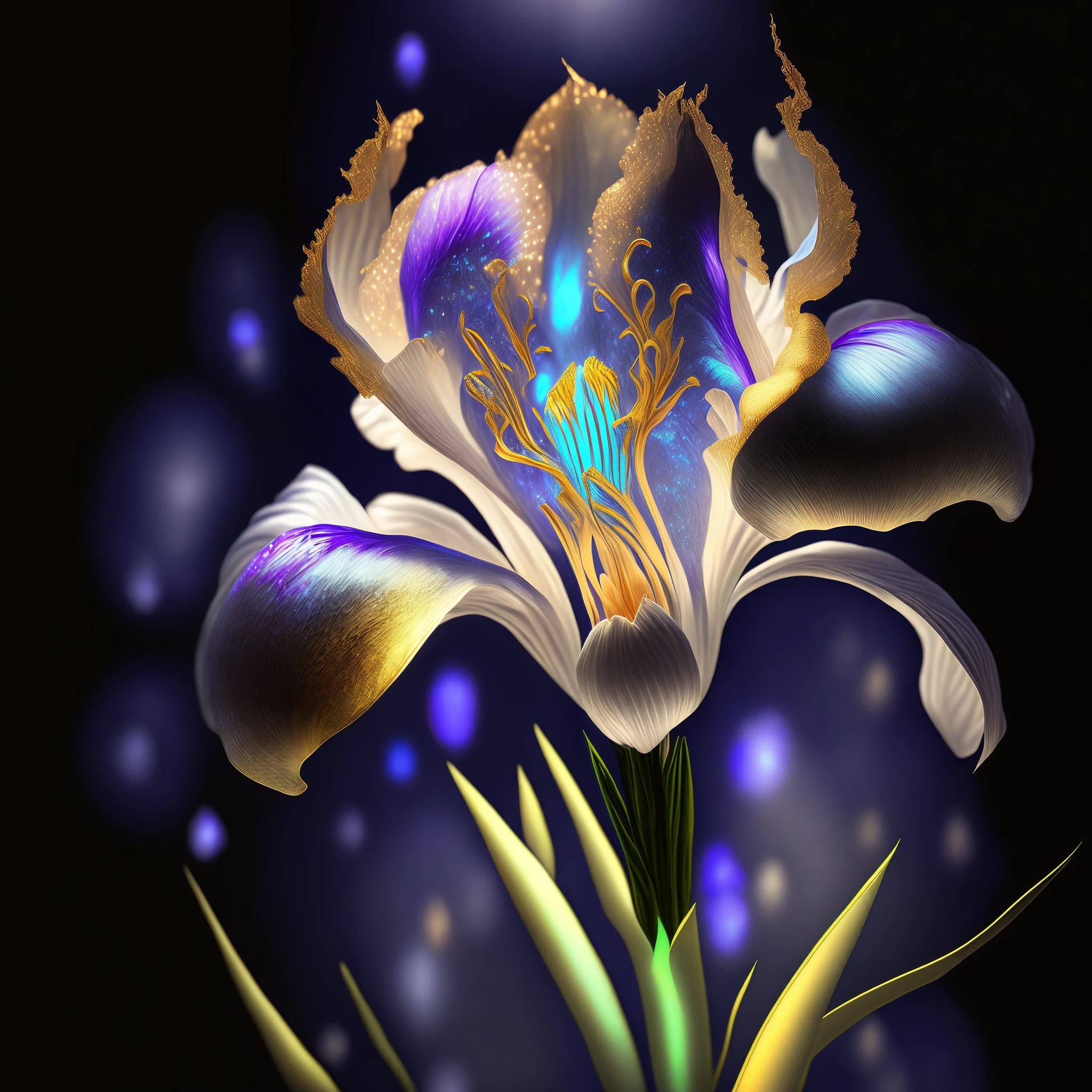 Iris flower, super transparent, holy light, beautiful spectrum light, petals glowing, shimmering, dark background, transparent light drops, reflected light, bright, light streaming in, optical, portrait silhouette, sharp focus, magical, intricate, hyper-realistic, fantasy, composition, light, artstation trend, pearl, patron saint cloud of silver steam, corroded surround ray family, 8k, real ar 23v4 uplight