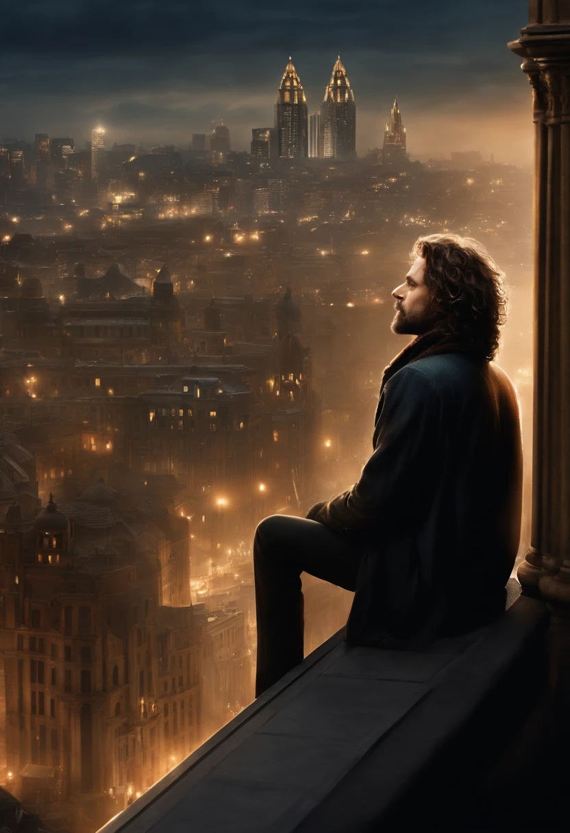 The image is of Sirius sitting on the edge of a tall building, looking out at the city below with a thoughtful expression on his face.,Harry Potter series,Sirius is tall with shaggy curly brown hair, with brown eyes and a goatee. Famously portrayed by Gary Oldman