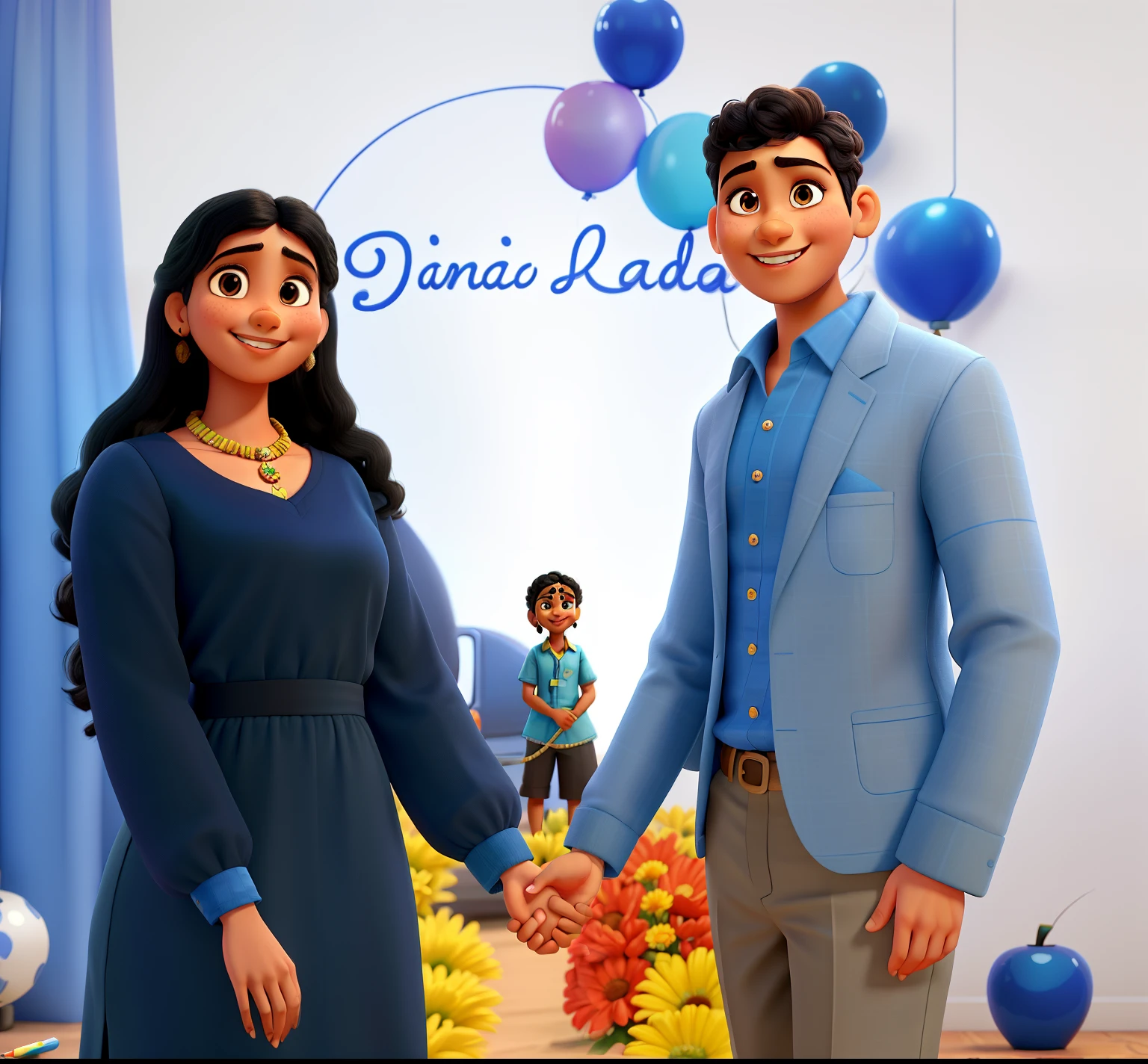 crie um banner no estilo Pixar. A boy with Indian features wear blue shirt and grey suit, girl with Indian features wears black dress and her hair curly holding hand with big smile and she's curvy girl and the background and got bindi on her center forehead and her smile can see teeth the name on the decorations is SRIPRAKASH