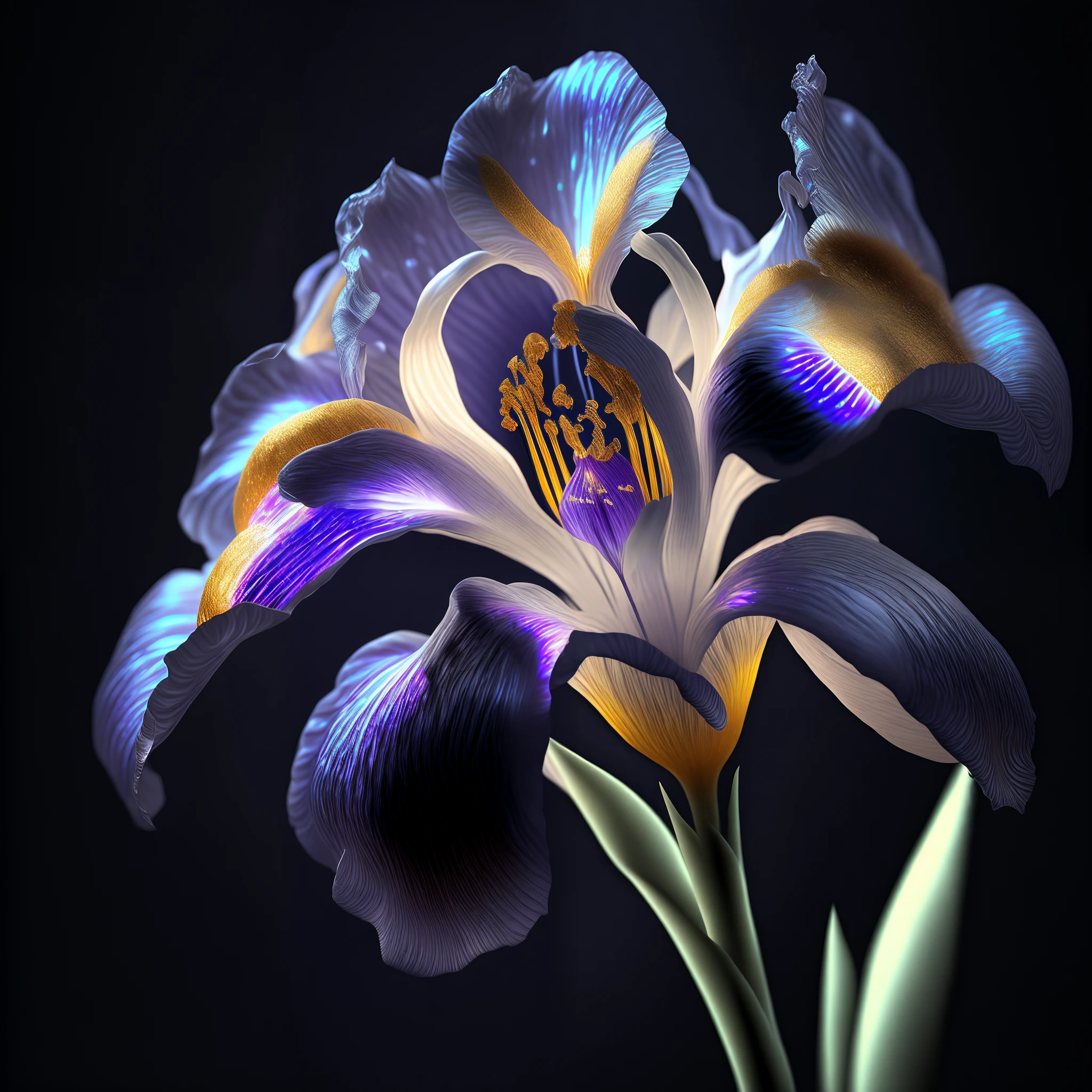 Iris flower, super transparent, holy light, beautiful spectrum light, petals glowing, shimmering, dark background, transparent light drops, reflected light, bright, light streaming in, optical, portrait silhouette, sharp focus, magical, intricate, hyper-realistic, fantasy, composition, light, artstation trend, pearl, patron saint cloud of silver steam, corroded surround ray family, 8k, real ar 23v4 uplight