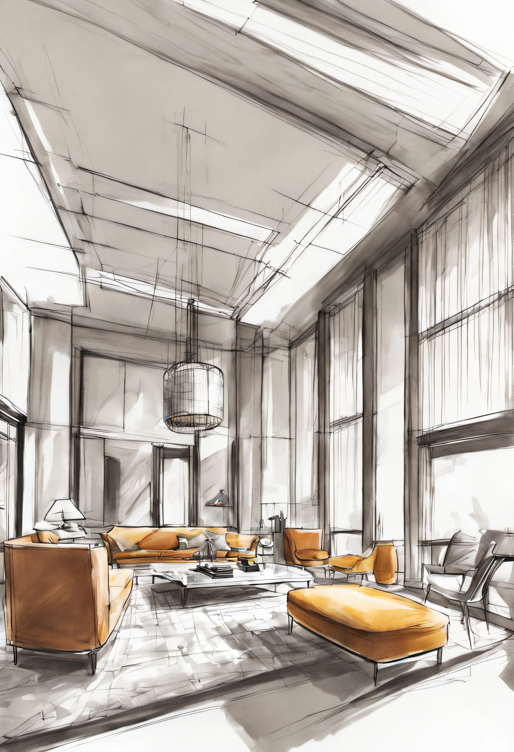 interior design sketching, more like pencil sketching, with little marker color
