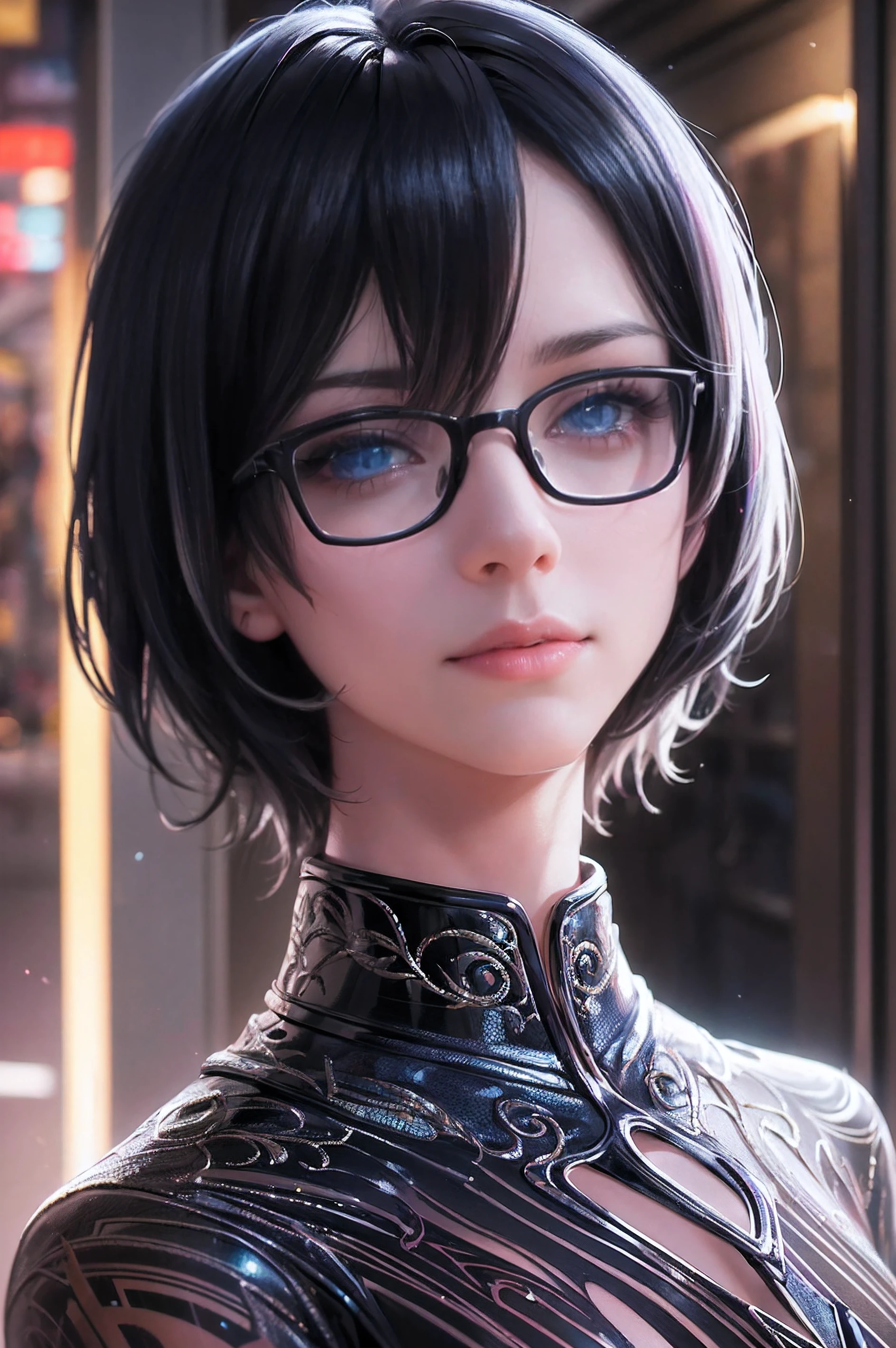full body picture Unreal Engine 5 8K UHD Octane, fractal, pi, realistic beautiful girl, face detailed, wearing cyberpunk futuristic black latex catsuit, gold lace, latex glove, earrings, short hair, gold necklace, glasses, best quality, masterpiece