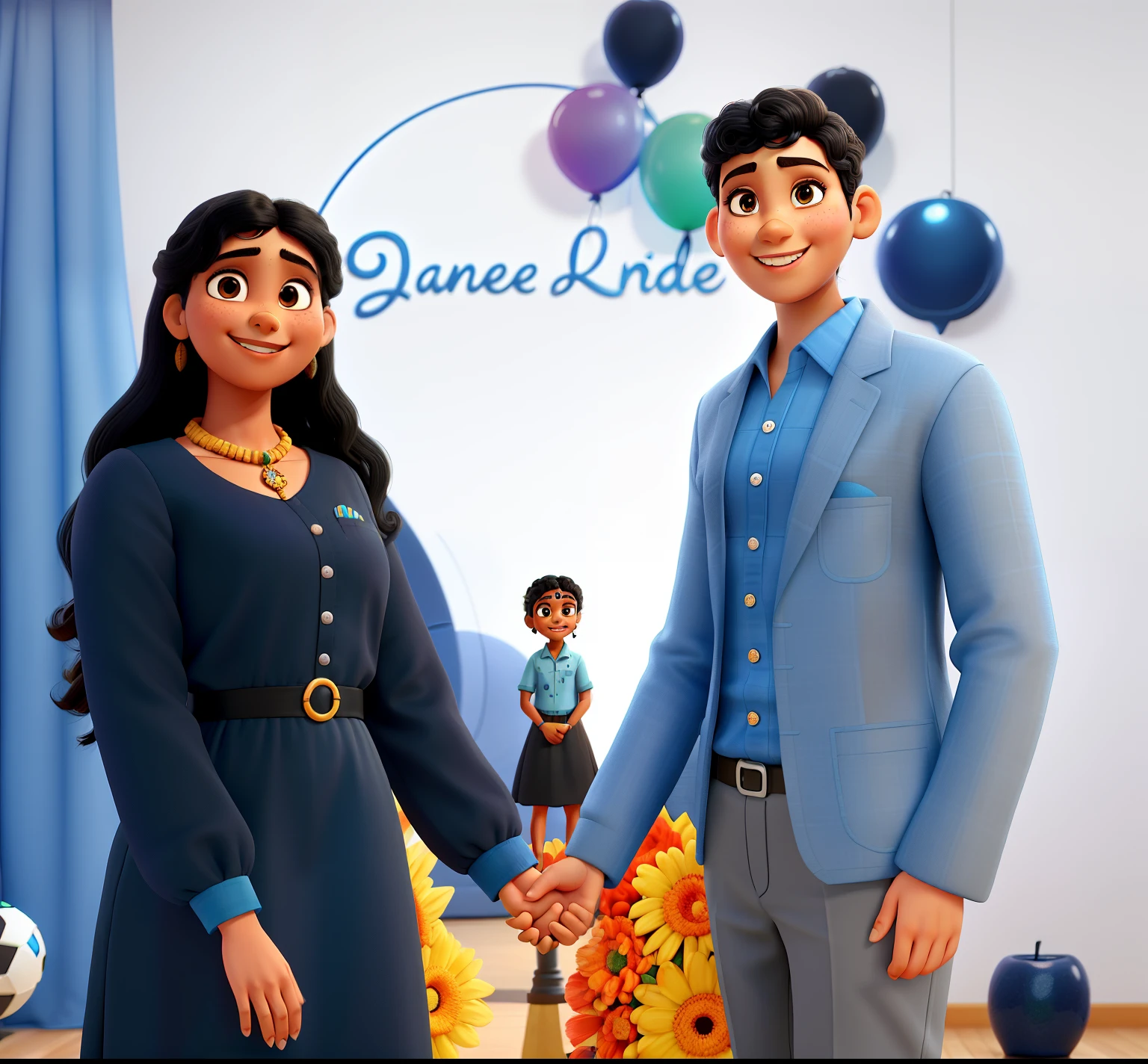 crie um banner no estilo Pixar. A boy with Indian features wear blue shirt and grey suit, girl with Indian features wears black dress she wear full black dress 👗 and her hair curly holding hand with big smile and she's curvy girl and the background  and got bindi on her center forehead and her smile can see teeth the name on the decorations is SRIPRAKASH