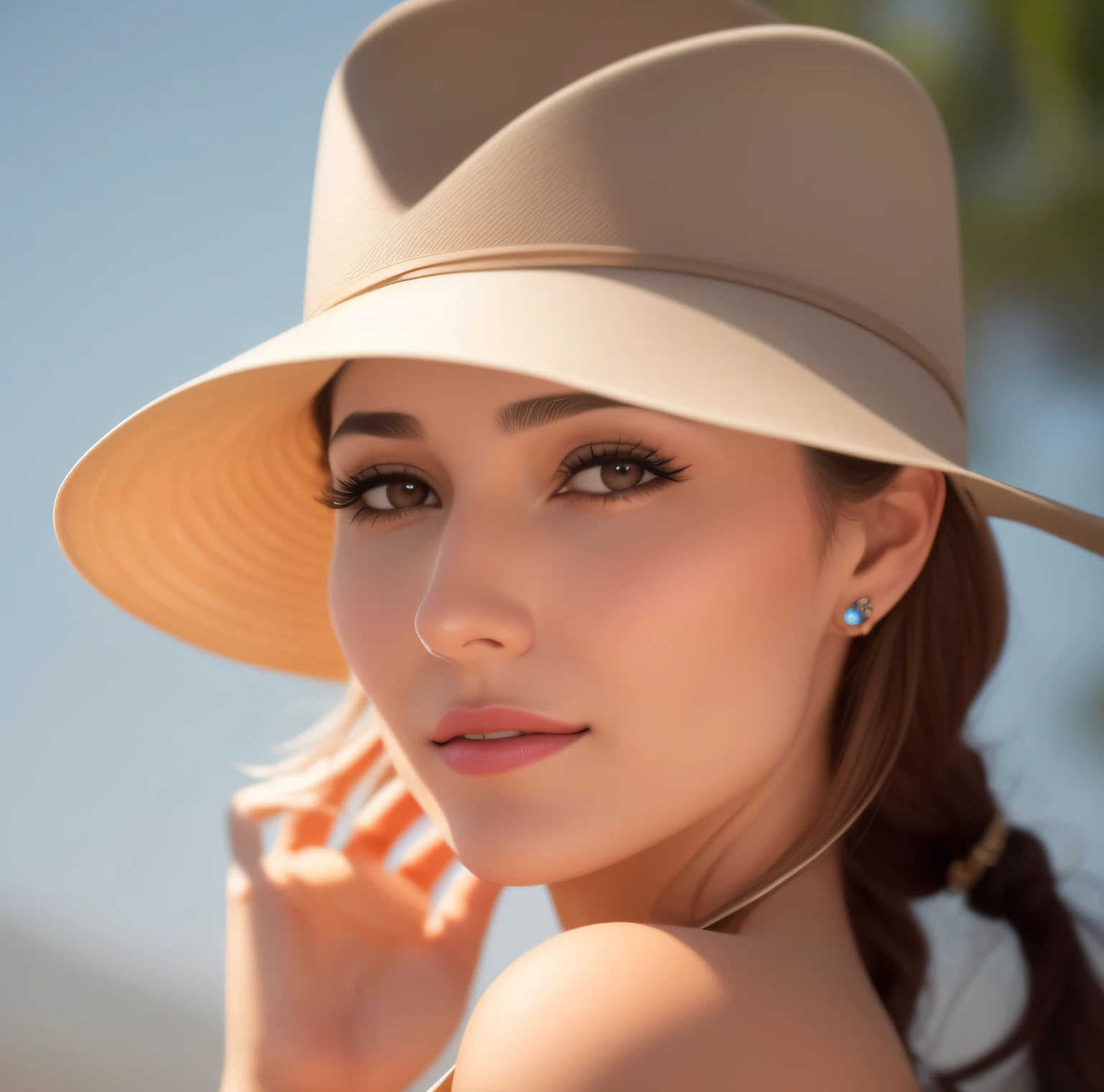 un primer plano de una mujer con sombrero cerca de un cuerpo de agua, Llevar sombrero para el sol ancho, con sombrero, Irina Nordsol Kuzmina, Llevar un sombrero de viaje, visera sobre la cara, sombrero que cubre los ojos, con sombrero de paja, visera que cubre los ojos, con una gargantilla y un lindo sombrero, Ella lleva un sombrero, con sombrero de paja, con sombrero, con sombrero