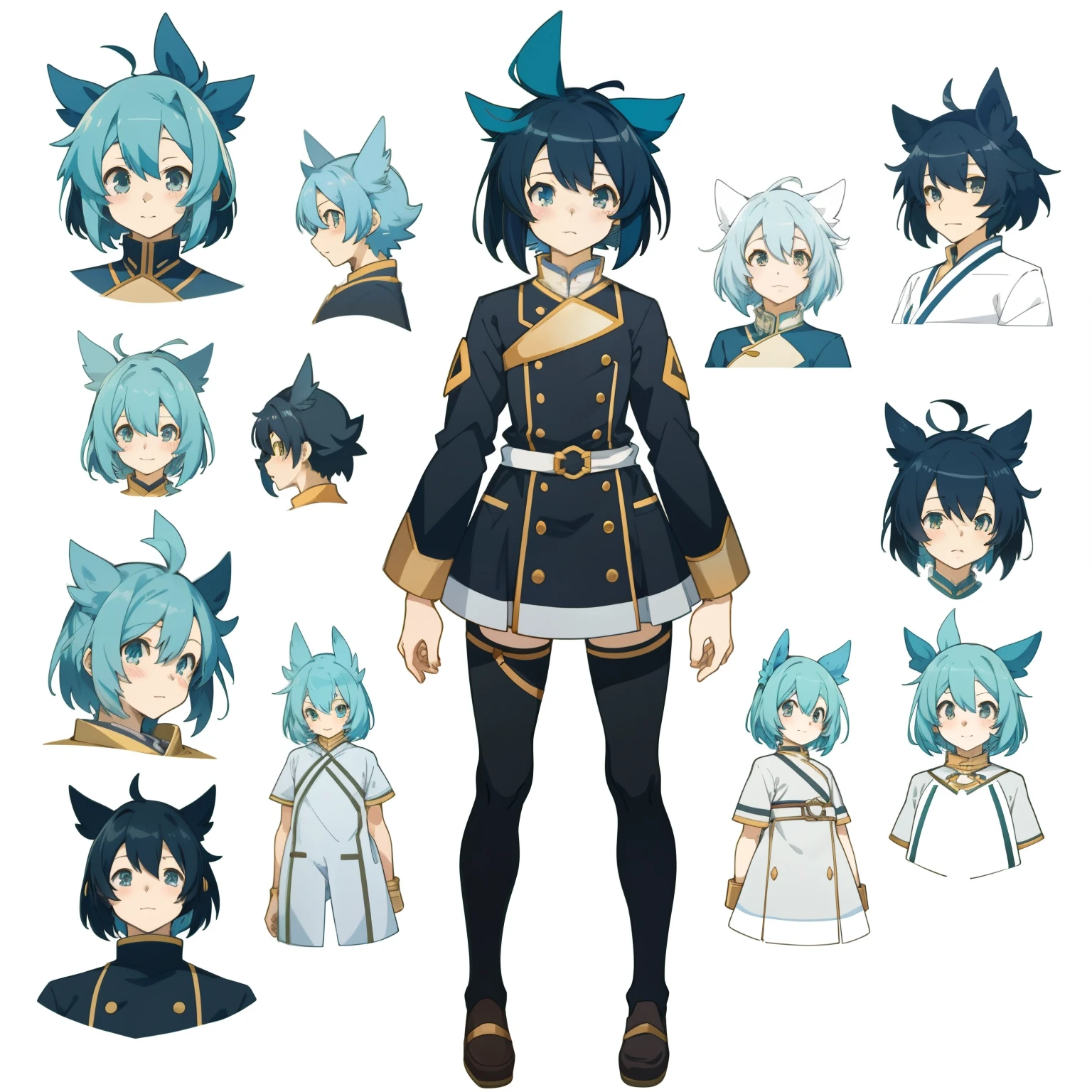 Anime style character image with various hair and accessories, anime set style, Animation Character Reference List, fantasy uniform, Flat anime style, Anime full body illustration, full_body!!, full detailed body, extra detailed body, anime vtuber full body model, Soft anime illustration, Anime style characters, clean and meticulous anime style,