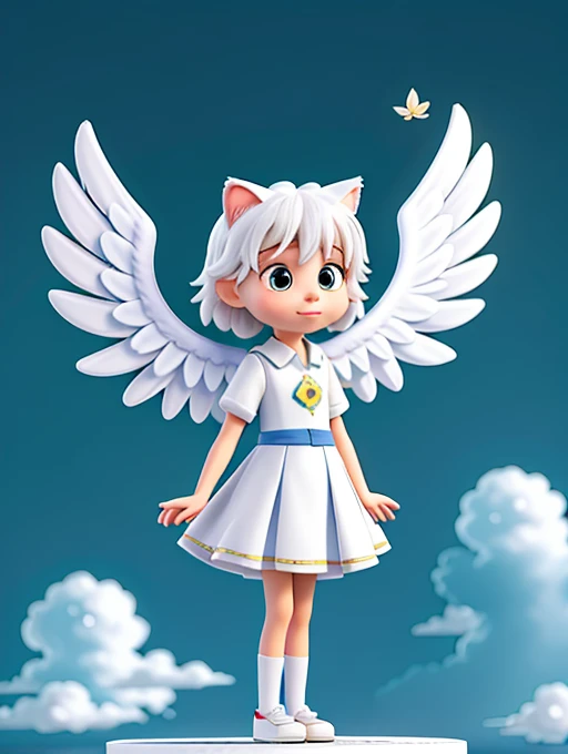 ((Toraneko))，white color hair ，Cat's ears，(Circle of Angels)、Q version，（toddlers，Baby）， adolable， standing on your feet， Master masterpieces， hight resolution，8K，detailedbackground，hightquality，Libido boy，（（（独奏））），(Angel wings，angelic halo，(white robes)，bare-legged：0.6)，looking at viewert，angle of view，From  above，Dreams，Magical，baiyun，（Warm light source：1.2），Upper air，on clouds，delighted expression，(((the angel's wings)))