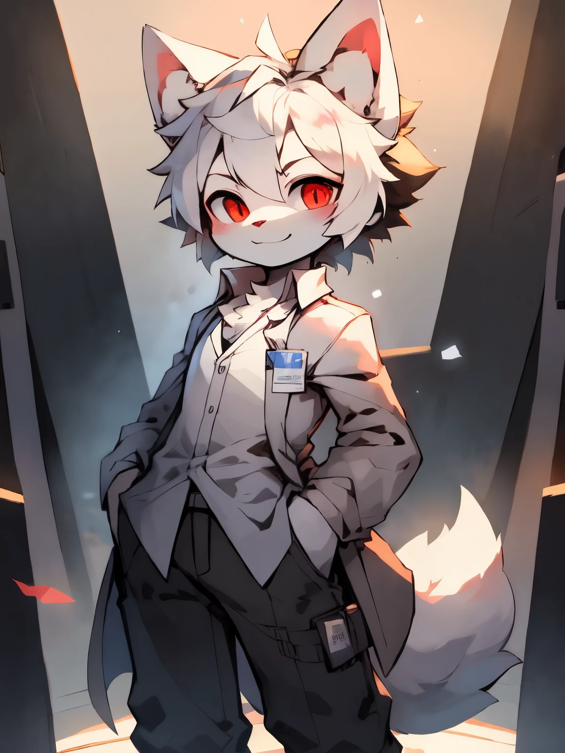 （16 years old boy）beautiful and detailed portrait of a，white color hair, 16k，are standing，sideways standing，There is a hand in the coat pocket，Turn your head slightly towards the audience，Holding notepad in hand，There is a rectangular work ID card on the chest，Red pupils，white wolf big ears，White Wolf Tail（White crewneck shirt，black long pants，White long-sleeved lab coat），laboratory background，softlighting，ssmile