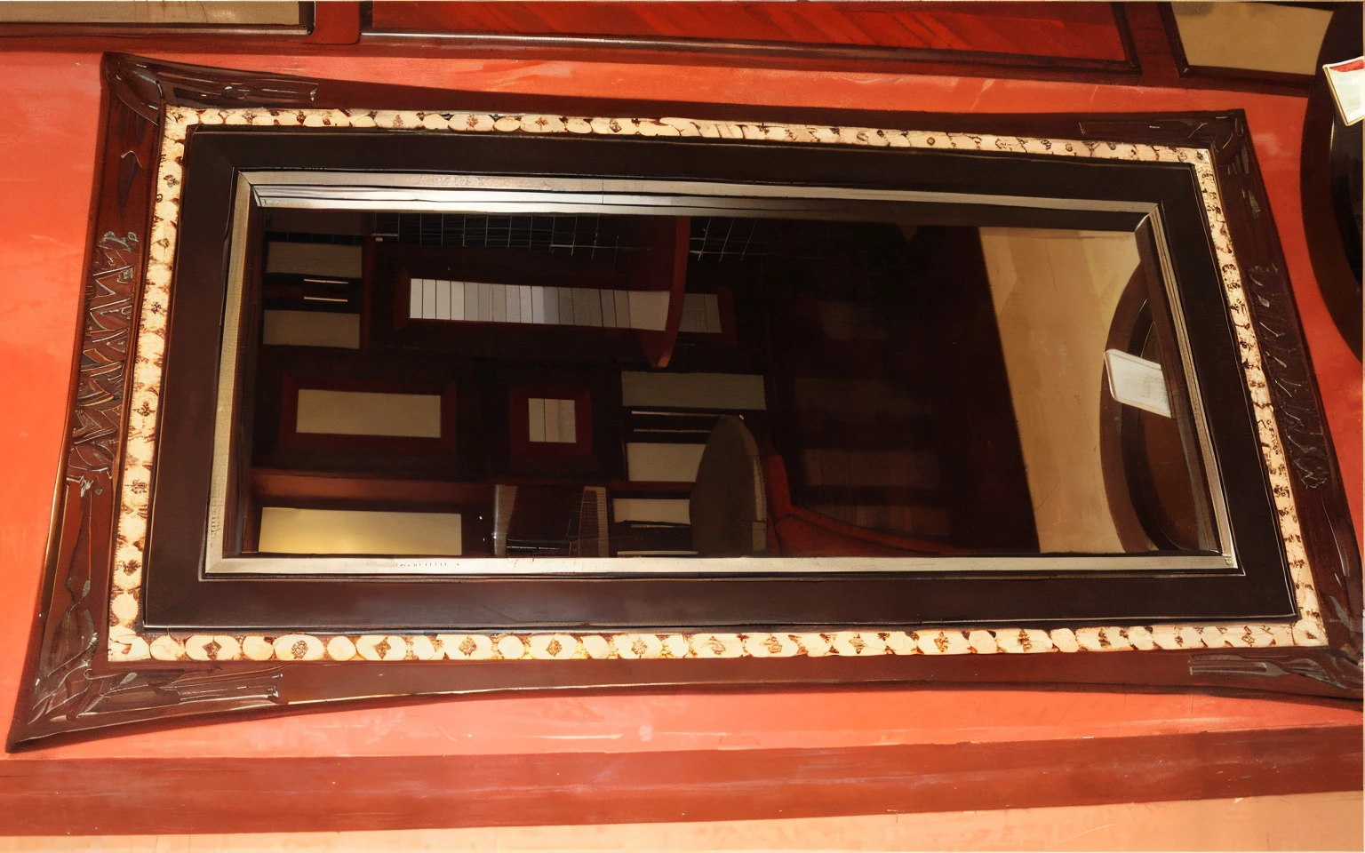 there is a mirror on the wall above a chair, saloon exterior, mirror and glass surfaces, displayed on mahogany desk, wooden trim, inside mirror, part of the screen, decorated polished wood, inside frame, inlaid with gold rococo, superior detail, ornate with gold trimmings, rich detail, meticulous detail, center frame medium shot, with blunt brown border