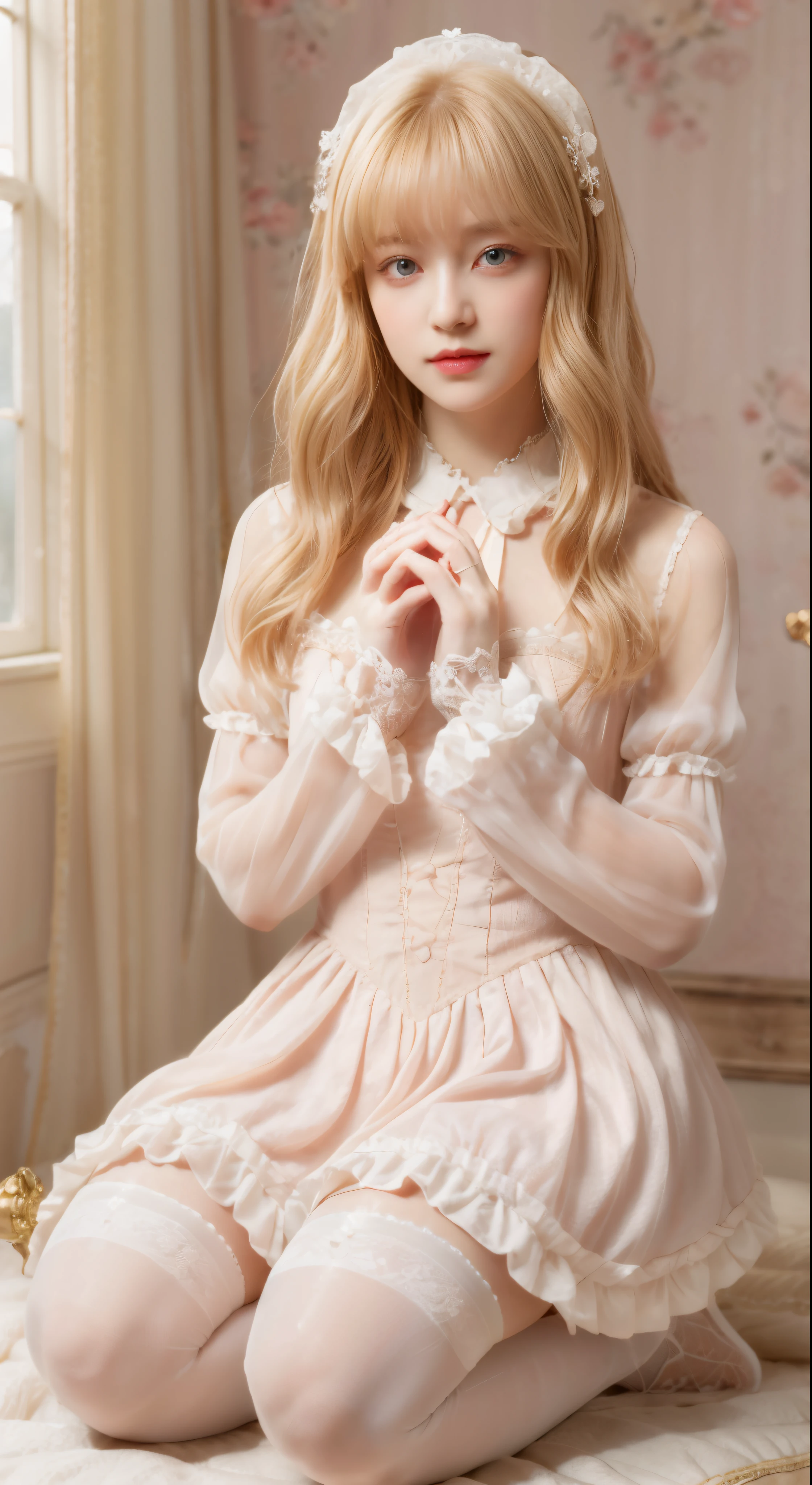 sweetlolita gothic, gothic interior, heart shape on cheek, blush pink makeup, gloves, pastel color, ornate, broderie, bokeh, curly layered hair,curious face, natural blonde hair, Sapphire eyes, dynamic_pose, (cowboyshot), ( kneeling ), sunny, (soft_light:1.4), high_quality, (realistic, realistic_background, high_resolution, distinct_image:1.2), (extremely intricate, detailed light, detailed shadow:1.1), perfect hands, nice hands, perfect fingers, Slender female hands, perfect_hands, five_fingers,