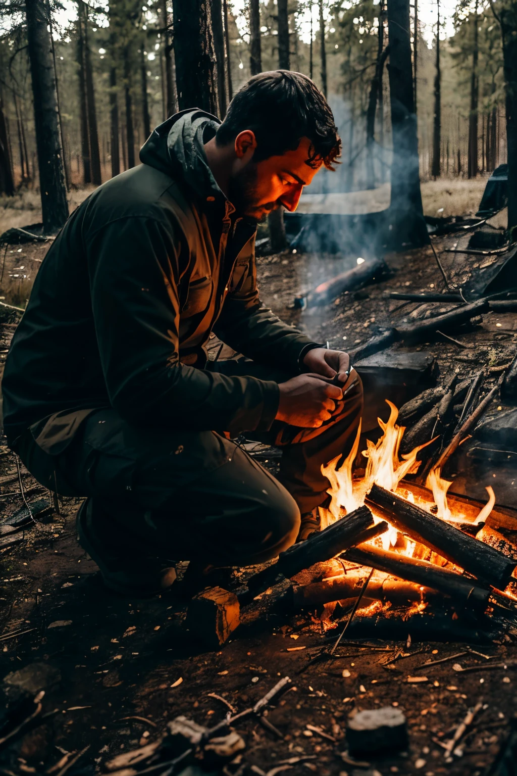 A man preparing to survive in the wild, making fire