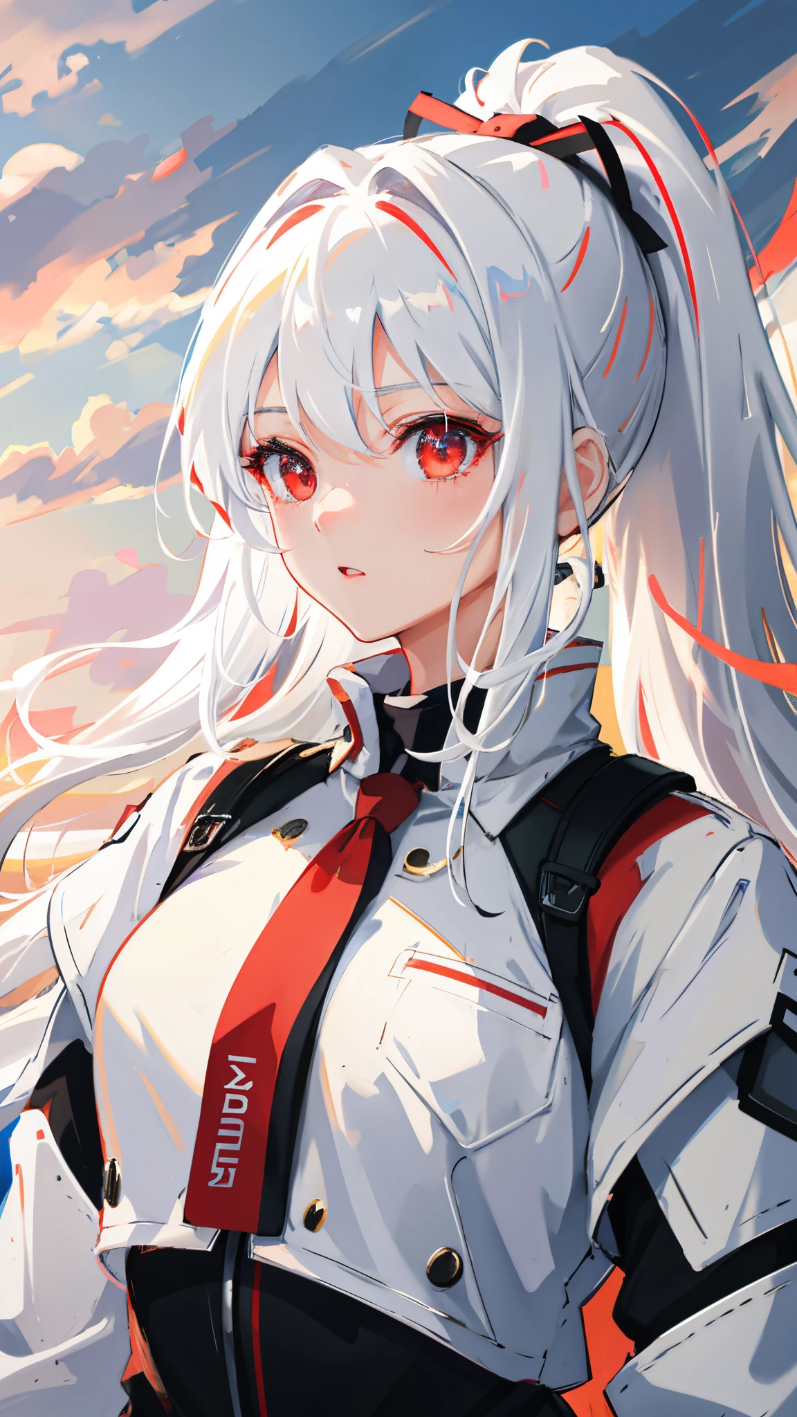 super resolution, super detailed, ultra detailed, masterpiece, best quality, 1girl, portrait, white hair, ponytail, red eyes,  sun, clouds, (neutral colors), (hdr:1.3)