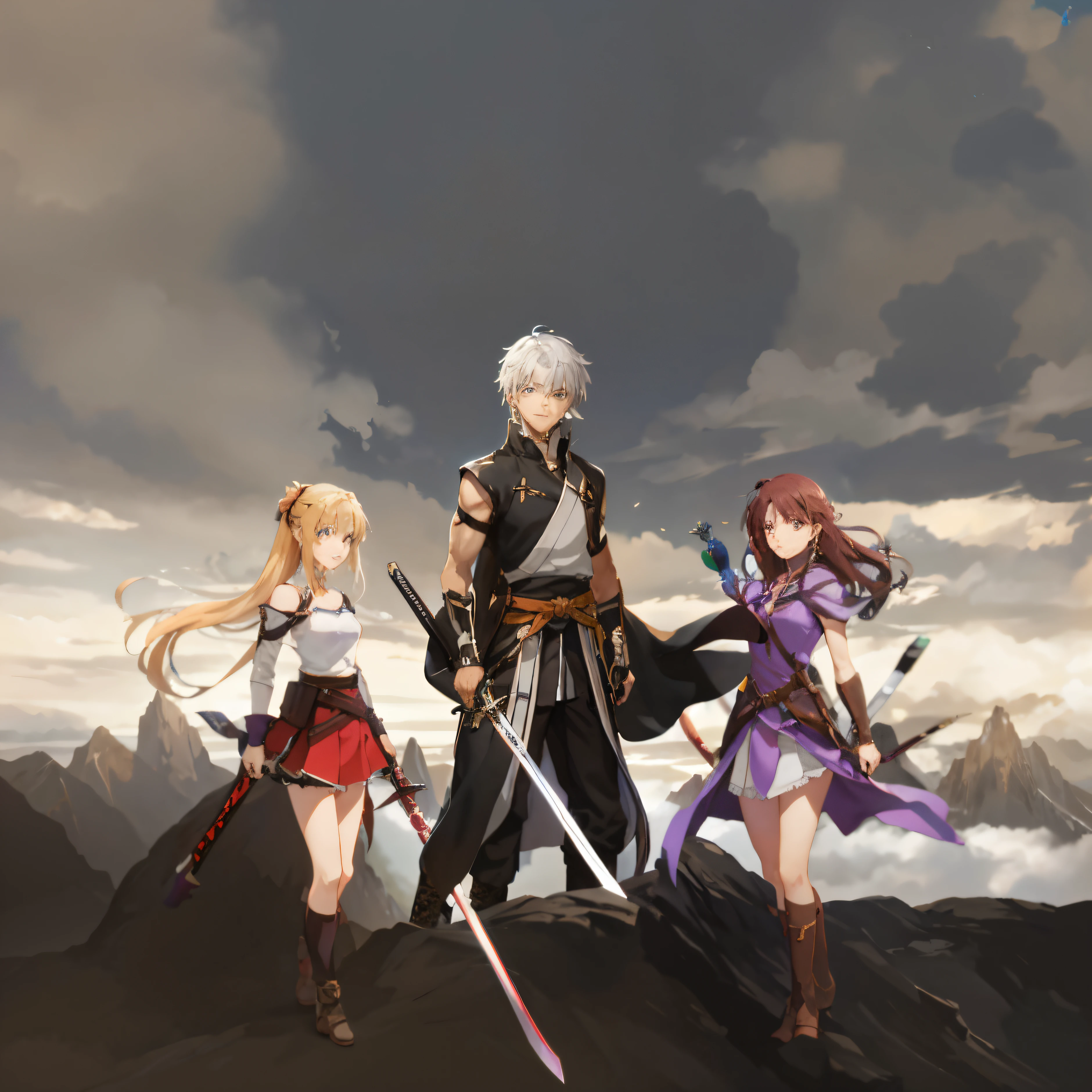 anime characters standing on a mountain with swords in their hands, key art, anime in fantasy style, anime style like fate/stay night, visual novel key visual, badass anime 8 k, visual novel cg, 2. 5 d cgi anime fantasy artwork, jrpg character art, anime key art, popular isekai anime, epic light novel art cover, anime epic artwork amazing sky and add more details