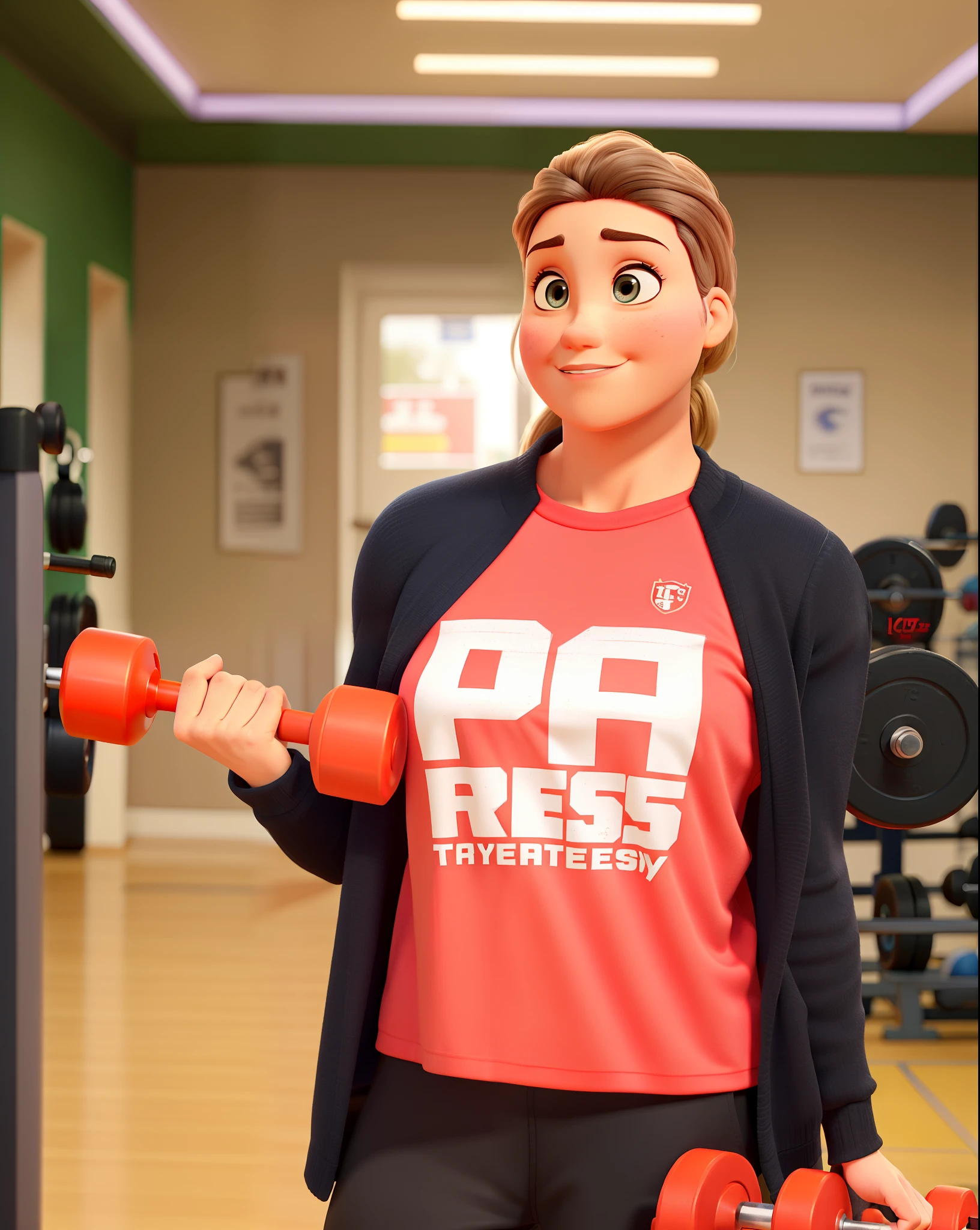 Poster estilo disney pixar. Retrato de uma mulher branca, cabelos loiros escuros longos, cabelos louros longos e escuros, olhos castanhos, usando uma camiseta rosa com detalhes em branco, usando um casaco preto, in a bodybuilding gym, in the blurred background a weight training gym, holding red weights for physical exercise.