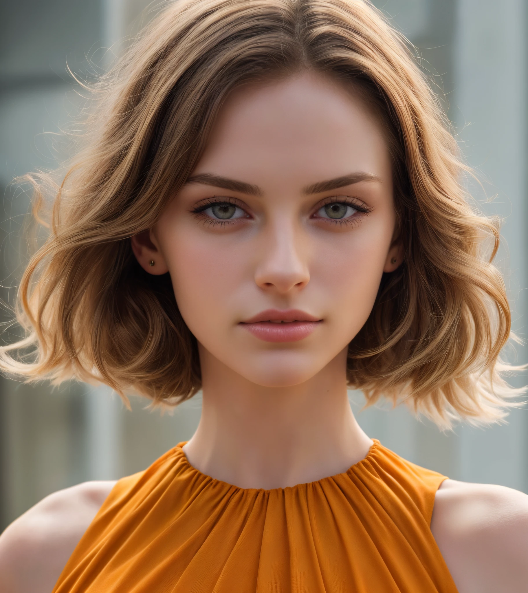 masutepiece, Best Quality, Photorealsitic, Ultra-detailed, finely detail, hight resolution, 8k wallpaper, RAW color photo, Professional, high level of detail, Beautiful blonde woman, (detailed brown eyes), foco nítido, awardwinning photo, ((Facing the front)), ((Look at viewers)), Small light, Low contrast, Facial symmetry, depth of fields, Cinematic background, central image, Lights up softly, (finely detailed skin), pale skin, Realistic skin texture, Extreme skin details, (pores: 0.1), Yellow-orange dress, small bust with good shape, , slim figure, Hourglass body shape