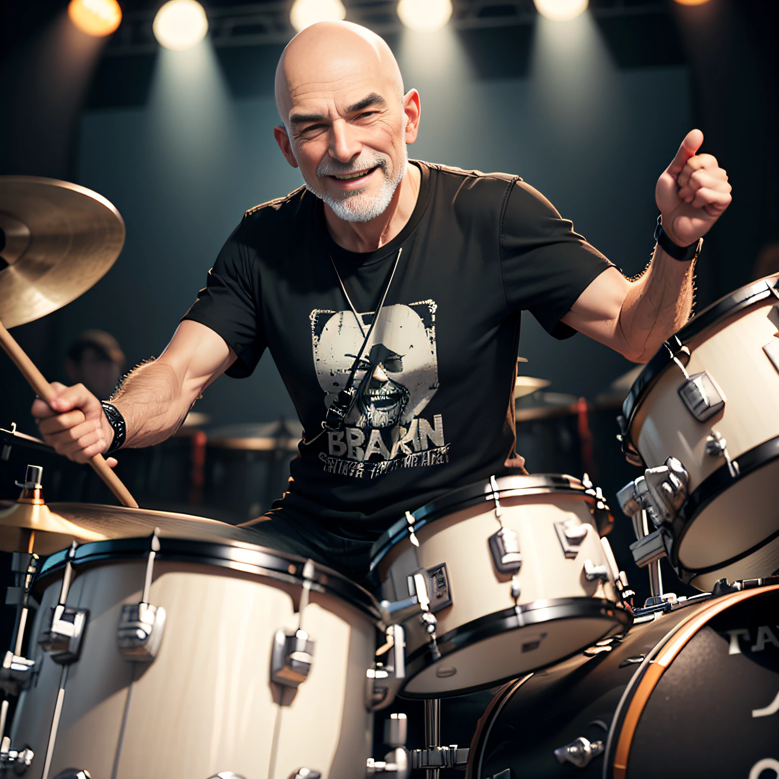 old man, bald, smiling, beardless, rocker, black t-shirt, behind drum instrument with TAMA brand