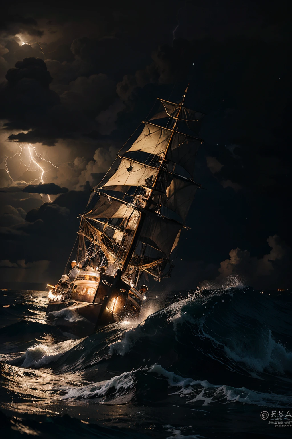 lightning storm in the night of the rough sea, total darkness, Old Spanish galleon capsizing after being hit by a giant wave in the middle of a storm with torrential rain in the middle of the ocean, dark image, poor lighting