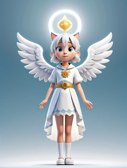 ((Toraneko))，white color hair ，Cat's ears，(Circle of Angels)、Q version，（ddlers，Ba adolable， standing on your feet， Master masterpieces， hight resolution，8K，detailedbackground，hightquality，Libido boy，（（（独奏））），(Angel wings，angelic halo，(white robes)，bare-legged：0.6)，looking at viewert，angle of view，From  above，Dreams，Magical，baiyun，（Warm light source：1.2），Upper air，on clouds，delighted expression，(((Big Angel Wings)))